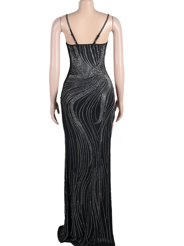 Sparkling Rhinestones Mesh Patchwork Maxi Dress for Women - Elegant Evening Gown for Parties, Prom, and Special Occasions