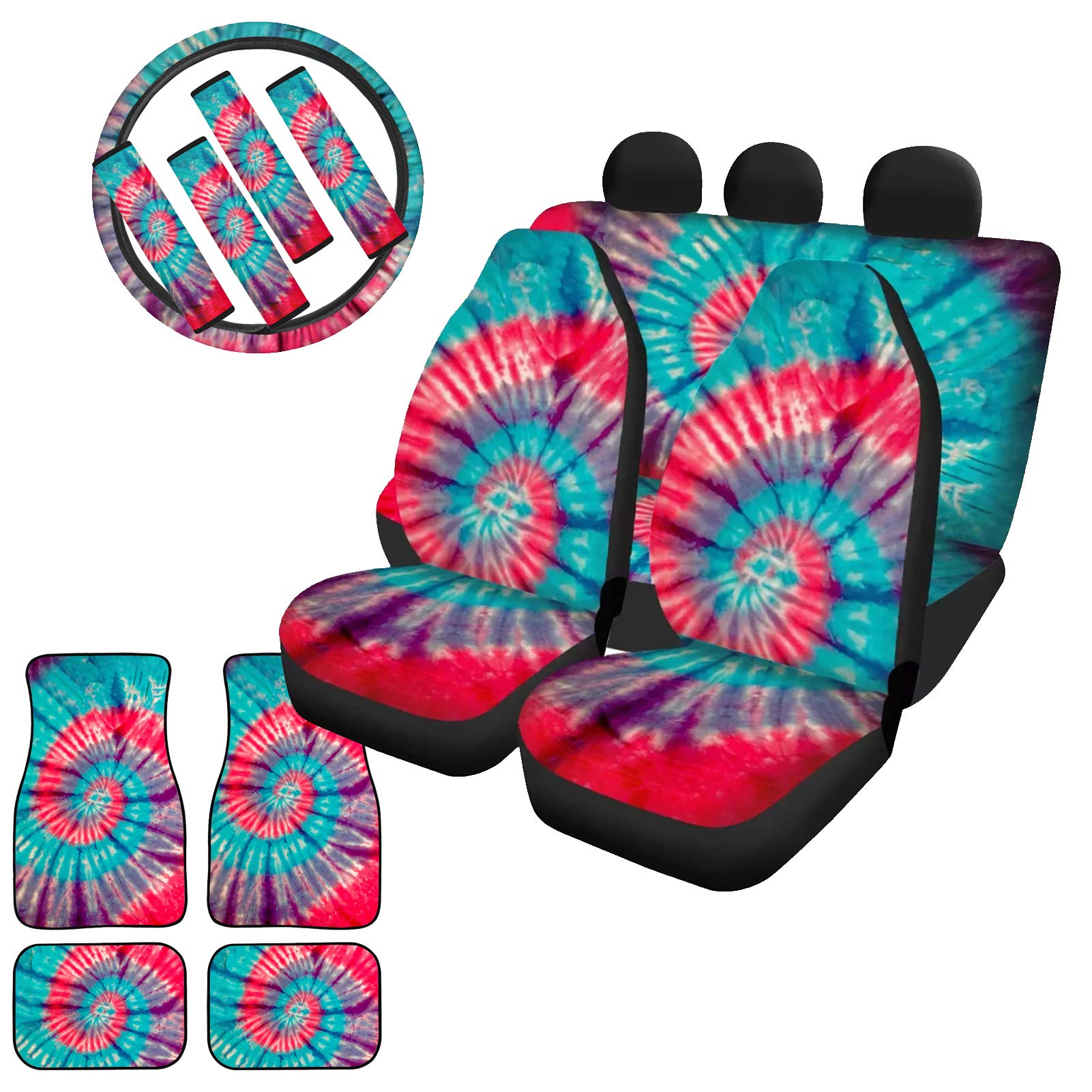WELLFLYHOM Colorful Tie-Dye Car Seat Covers Set - Universal Fit for Cars, SUVs & Trucks | Includes Steering Wheel Cover, Split Bench Rear Seat Protectors & Seat Belt Covers | Vibrant Interior Upgrade for Road Trips & Daily Commutes