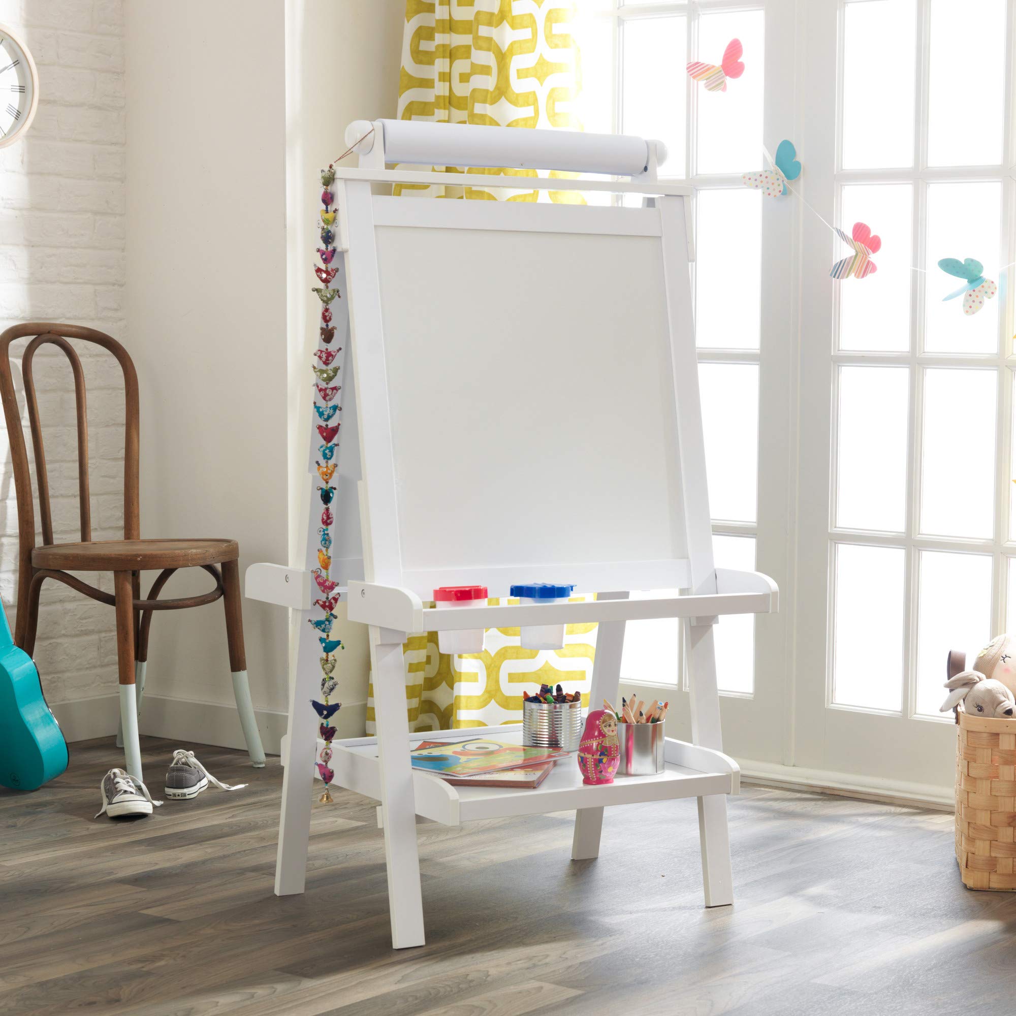 KidKraft Deluxe Wooden Art Easel with Chalkboard & Dry Erase Board, Paper Roll & Paint Cups - White Kids Art Station for Ages 3+ | Perfect for Home, Classroom & Creative Play