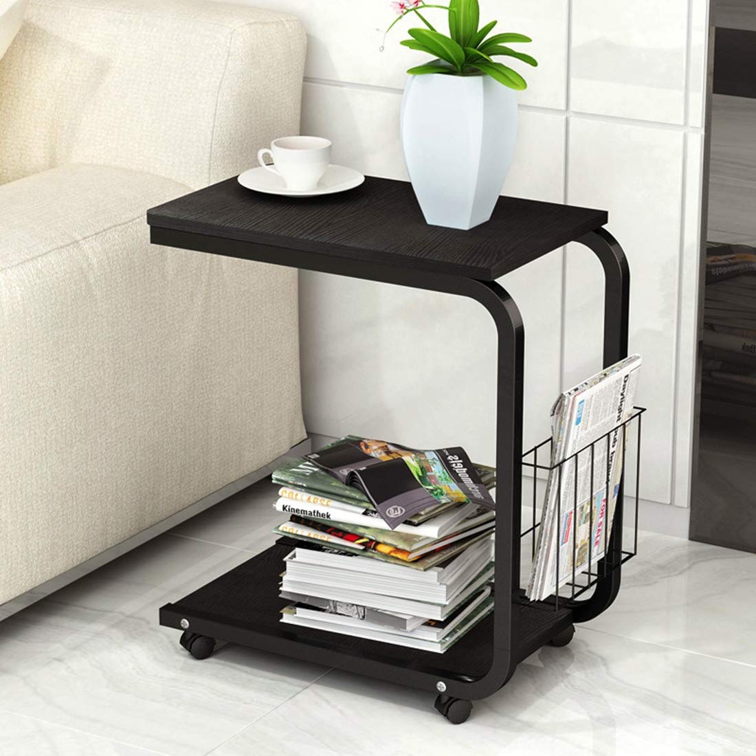 2-Tier Mobile End Table with Metal Frame & Casters - Portable Side Table for Sofa, Coffee, Laptop | Modern Snack Table & Workstation in Black & Multicolor | Perfect for Living Room, Office & Small Spaces