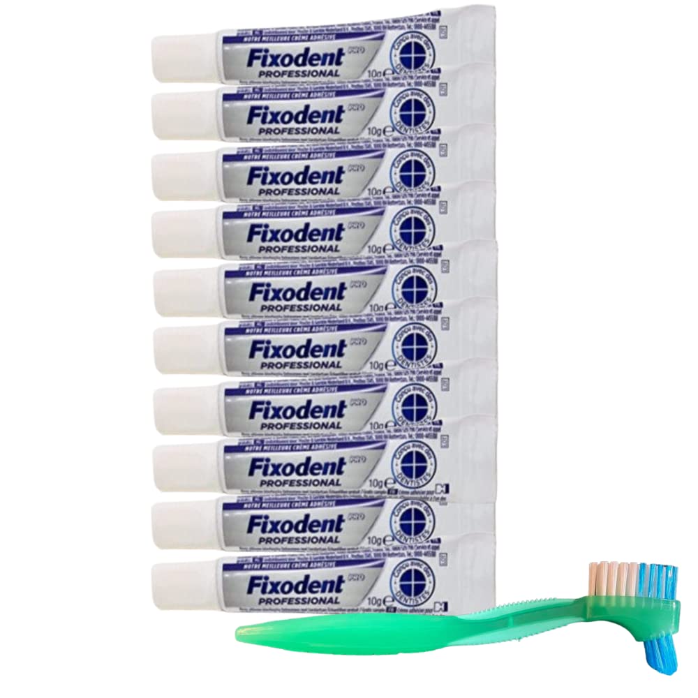 Fixodent Professional Denture Adhesive Cream - 10g Travel Size (Pack of 10) with Denture Brush | Secure Fit Dentures All Day | Ideal for Travel, Daily Use & Active Lifestyles