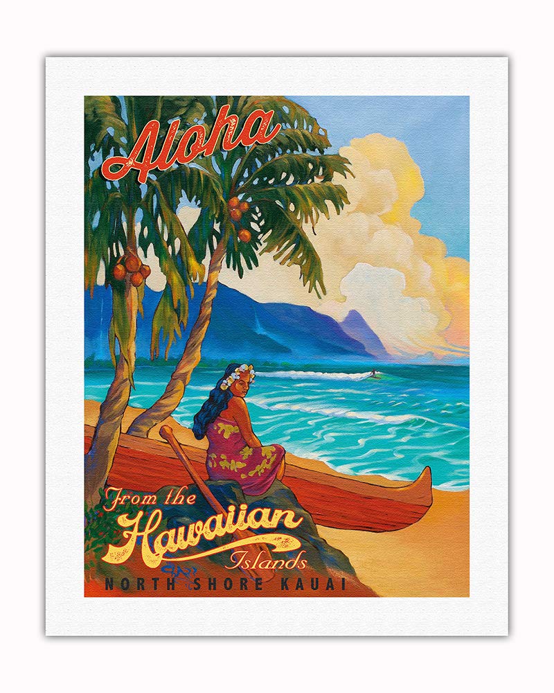 Vintage Hawaiian Travel Poster - North Shore Kauai Hawaii Fine Art Print by Rick Sharp - 20x26 Inch Rolled Canvas Wall Decor for Beach House, Tiki Bar & Tropical Theme Rooms