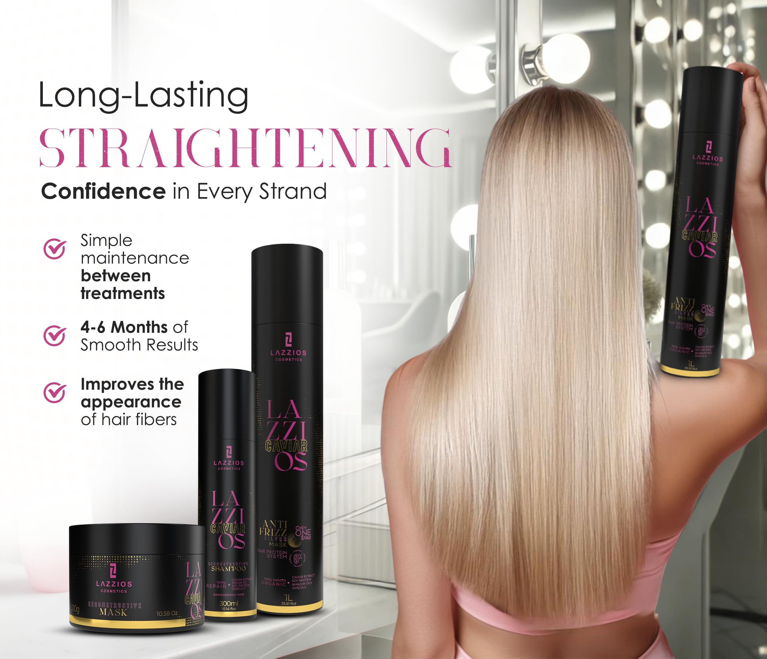 Lazzios Caviar Organic Hair Protein Treatment – Brazilian Straightening & Anti-Frizz Formula with Hyaluronic Acid, Hydrolyzed Keratin & Caviar Extract – Formaldehyde-Free, 120ml – For Smooth, Shiny & Manageable Hair at Home or Salon