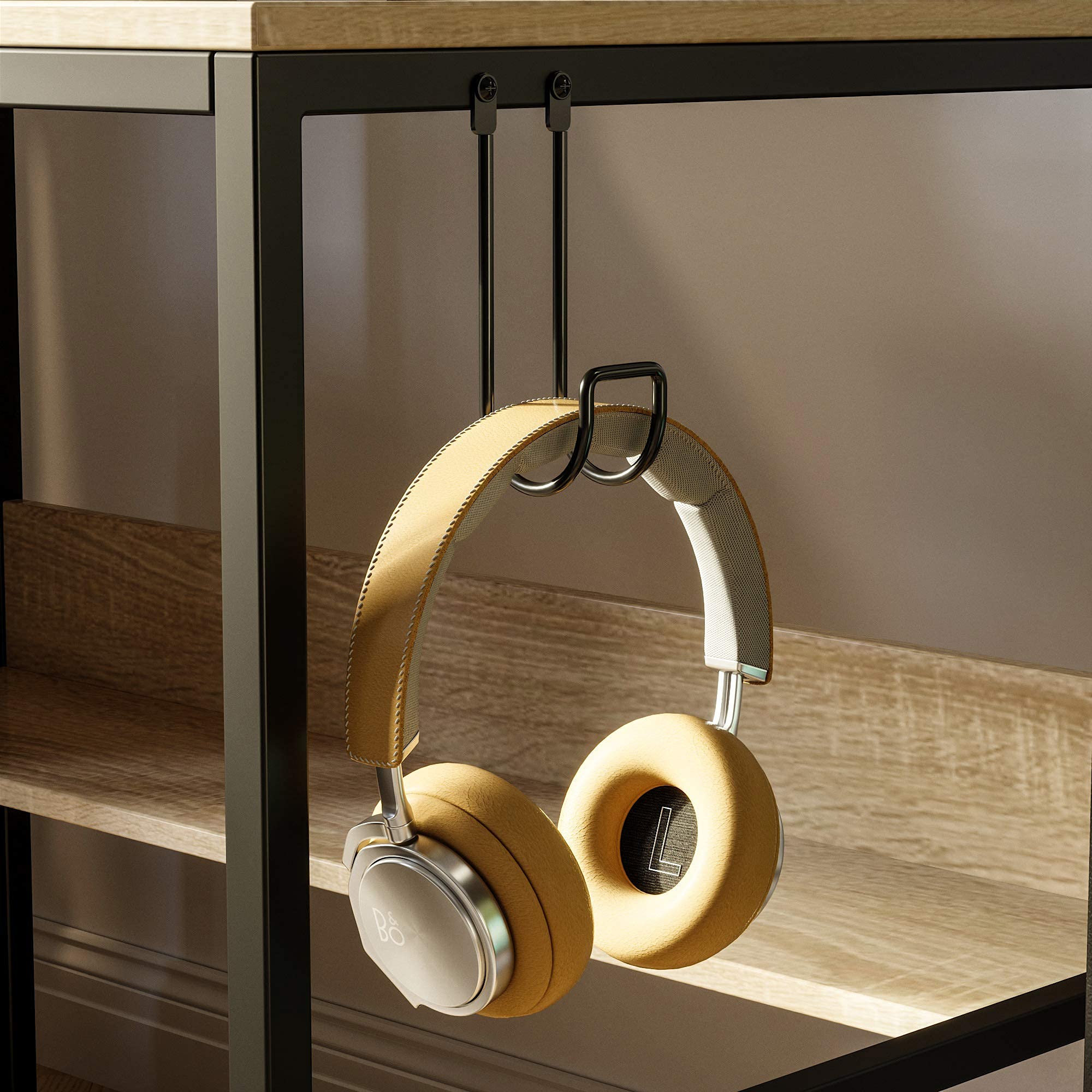 Bestier Computer Office Desk with Steel Frame - Reversible Bookshelves, Headphone Hook & Adjustable Feet - Spacious Under Desk Storage - Oak Wood Home Office Desk for Work, Study & Gaming