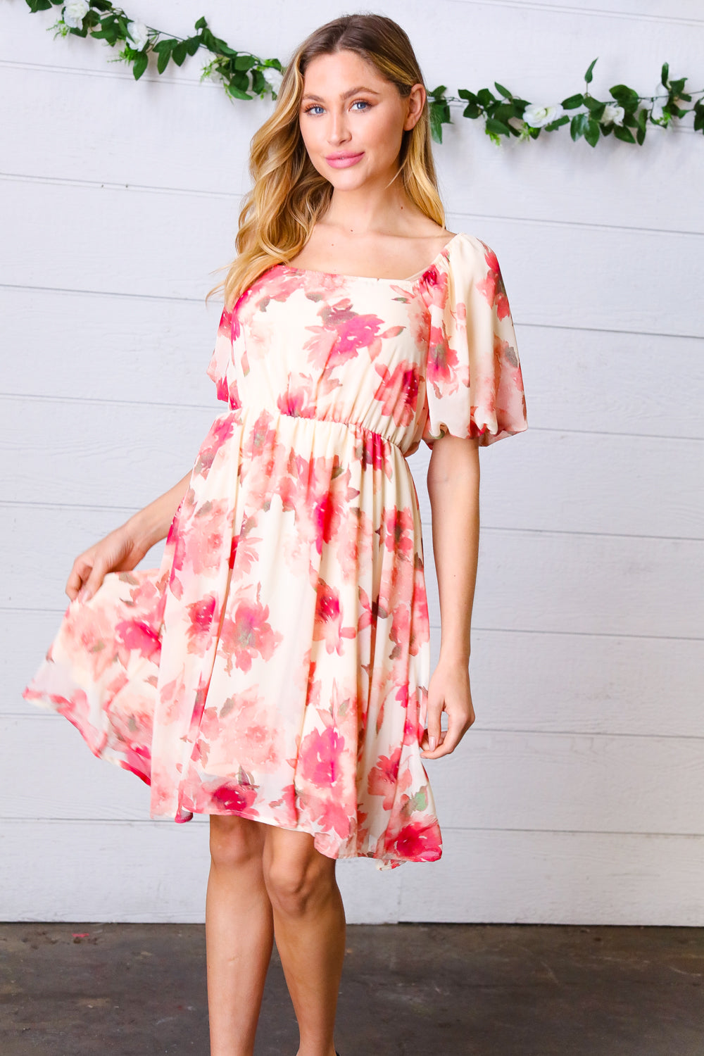 Elegant Peach Floral Chiffon Puff Sleeve Dress for Women - Summer Wedding Guest Outfit & Garden Party Dress