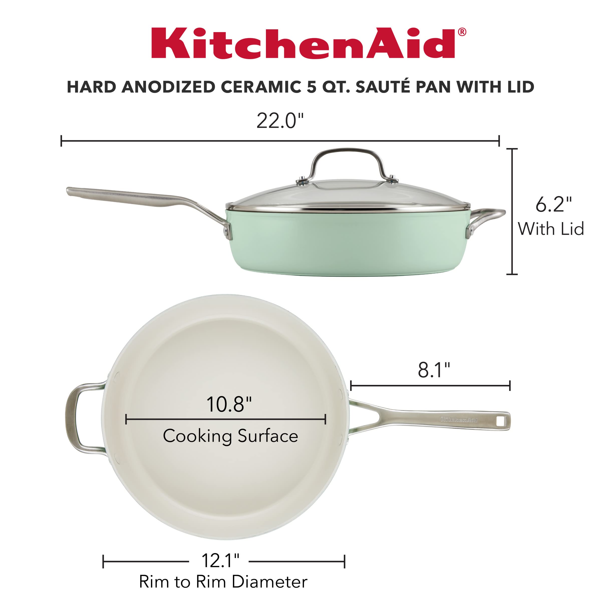 KitchenAid 5-Quart Nonstick Sauté Pan - Hard Anodized Ceramic Cookware with Shatter-Resistant Glass Lid & Riveted Handle - Even Heat Distribution, Oven Safe to 500°F, Easy to Clean - Pistachio Green - Perfect for Sautéing, Frying, and Simmering in Modern Kitchens