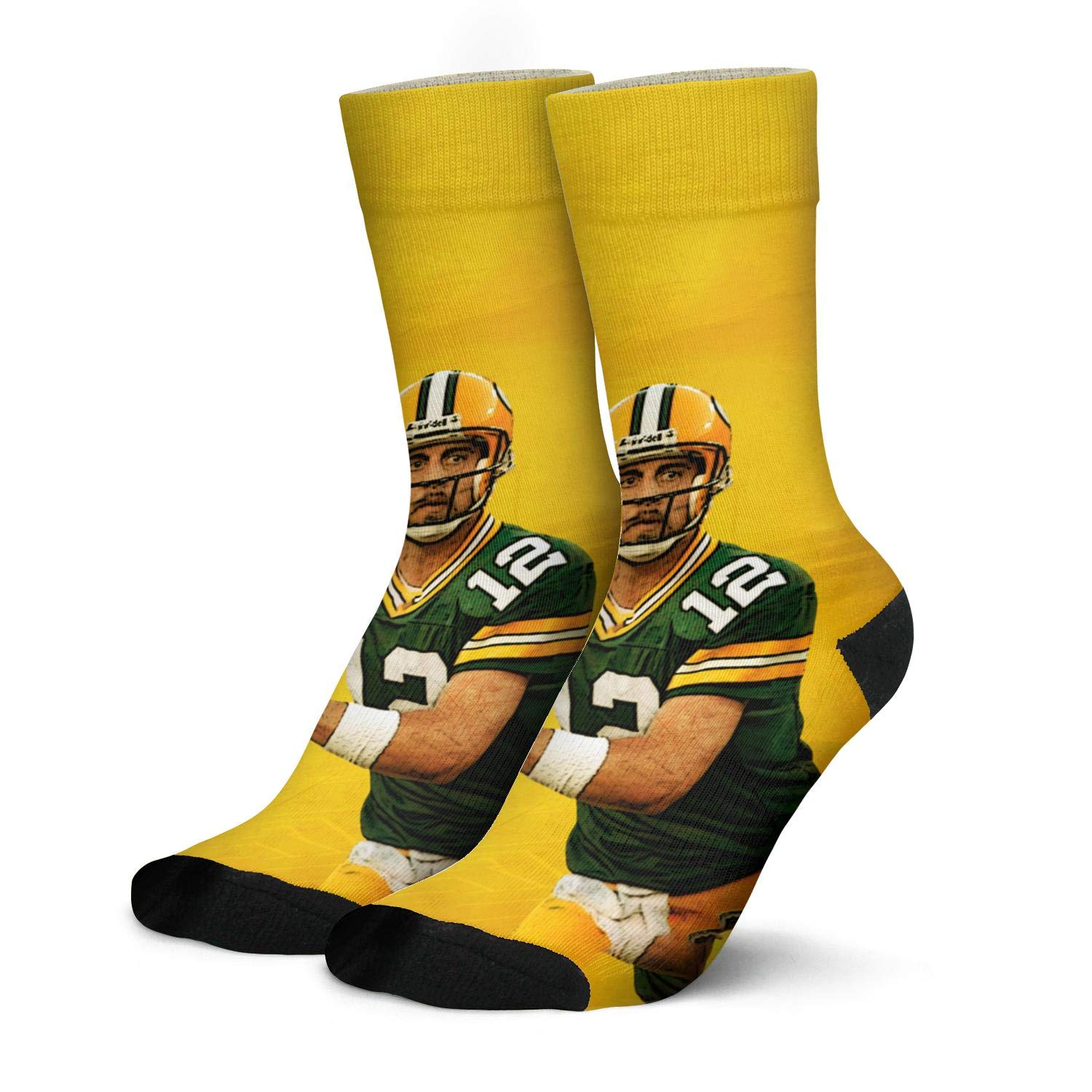 Aaron Rodgers 12 Yellow The Minister of Defense Men's Cotton Crew Socks - Comfortable Athletic Tube Socks for Football, Running & Work Boots