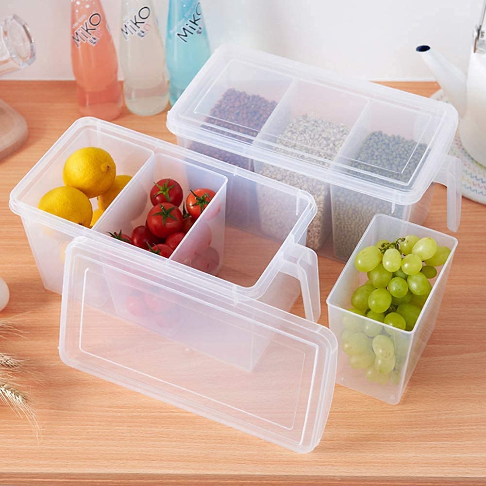 Space Saving Fridge Storage Box with Lid and 3 Bins - 5L Transparent Plastic Refrigerator Organizer for Fruits, Vegetables & Leftovers - Kitchen Storage Container Set (Pack of 1) - Perfect for Small Apartments & Organized Kitchens