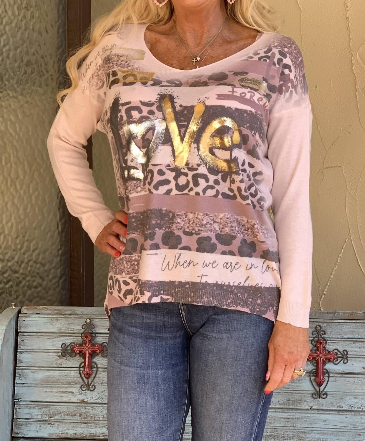 Trendy Pink Silver & Gold Foil Sweater for Women - Elegant Christmas Party Outfit & Casual Winter Fashion