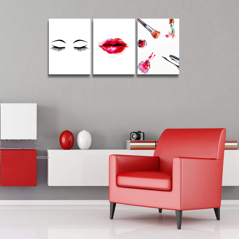 Modern Canvas Wall Art Set of 3 - Lips Makeup Painting for Girls Room, Bedroom, Bathroom & Living Room Decor | Framed Office Wall Decorations | Home Decor Wall Pictures for Kitchen & Housewarming Gifts