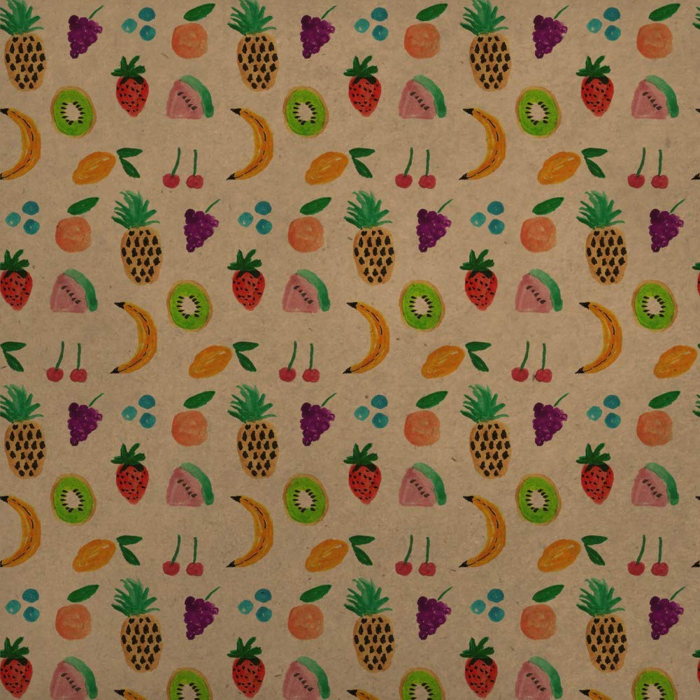 Premium Kraft Roll Gift Wrap Paper - Tiny Fruits Design (Bananas, Cherries, Grapes, Kiwi, Pineapples) | Eco-Friendly Wrapping for Birthdays, Baby Showers & Party Decorations
