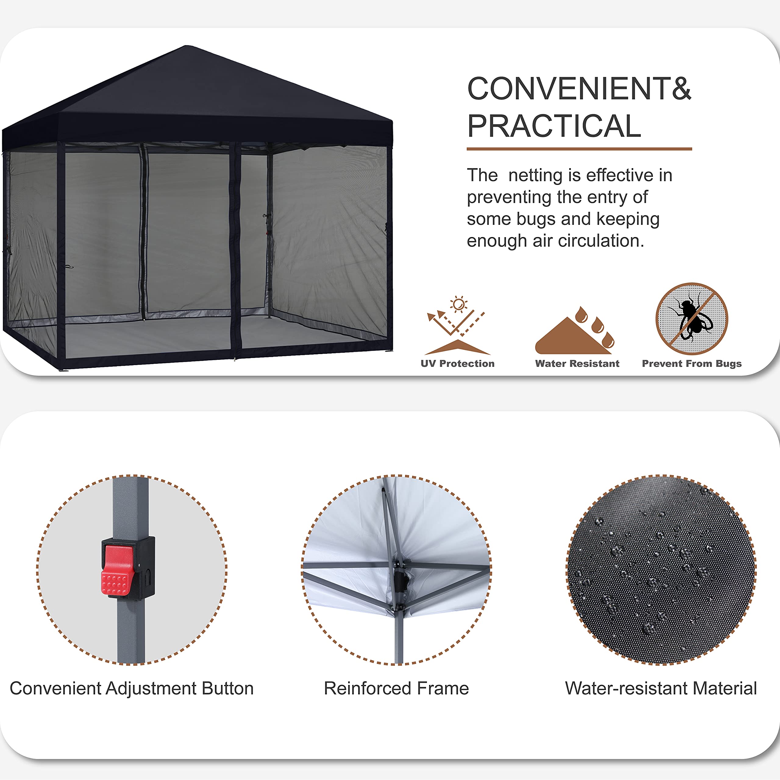 MASTERCANOPY 8x8 Black Pop-Up Canopy Tent with Netting Screen Walls - Easy Setup Outdoor Shelter for Camping, Picnics, Beach & Backyard Parties