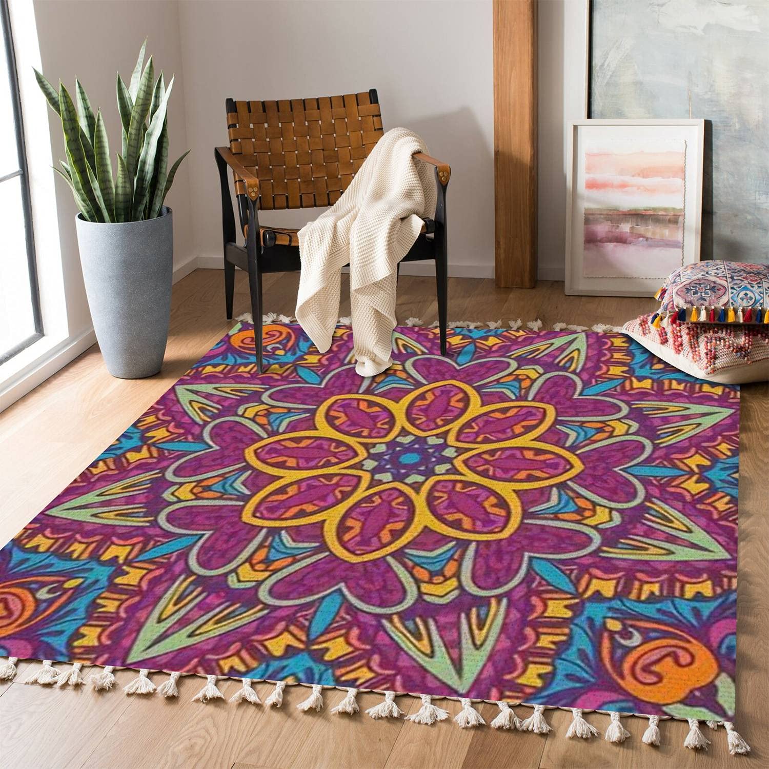 Boho Abstract Mandala Seamless Area Rug - Ethnic Textured Carpet for Indoor & Outdoor Use - Perfect for Living Room, Bedroom, Patio, Hallway Runner - Minimalist Home Decor Mat Pad
