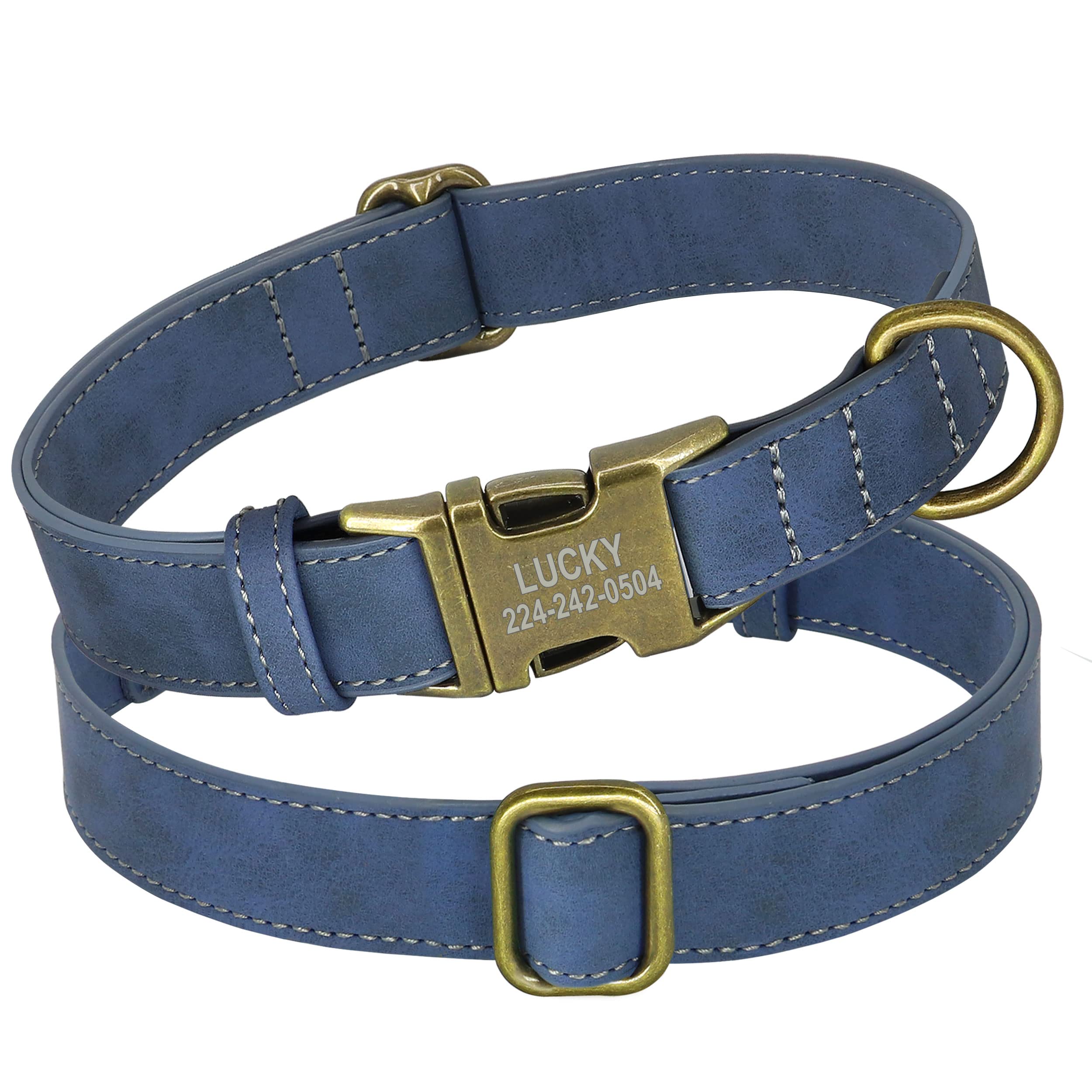 Personalized Leather Dog Collar with Name Plate - Adjustable, Soft Padded Pet Collar for Small, Medium & Large Dogs - Blue - Perfect for Walks, Training & Grooming Sessions