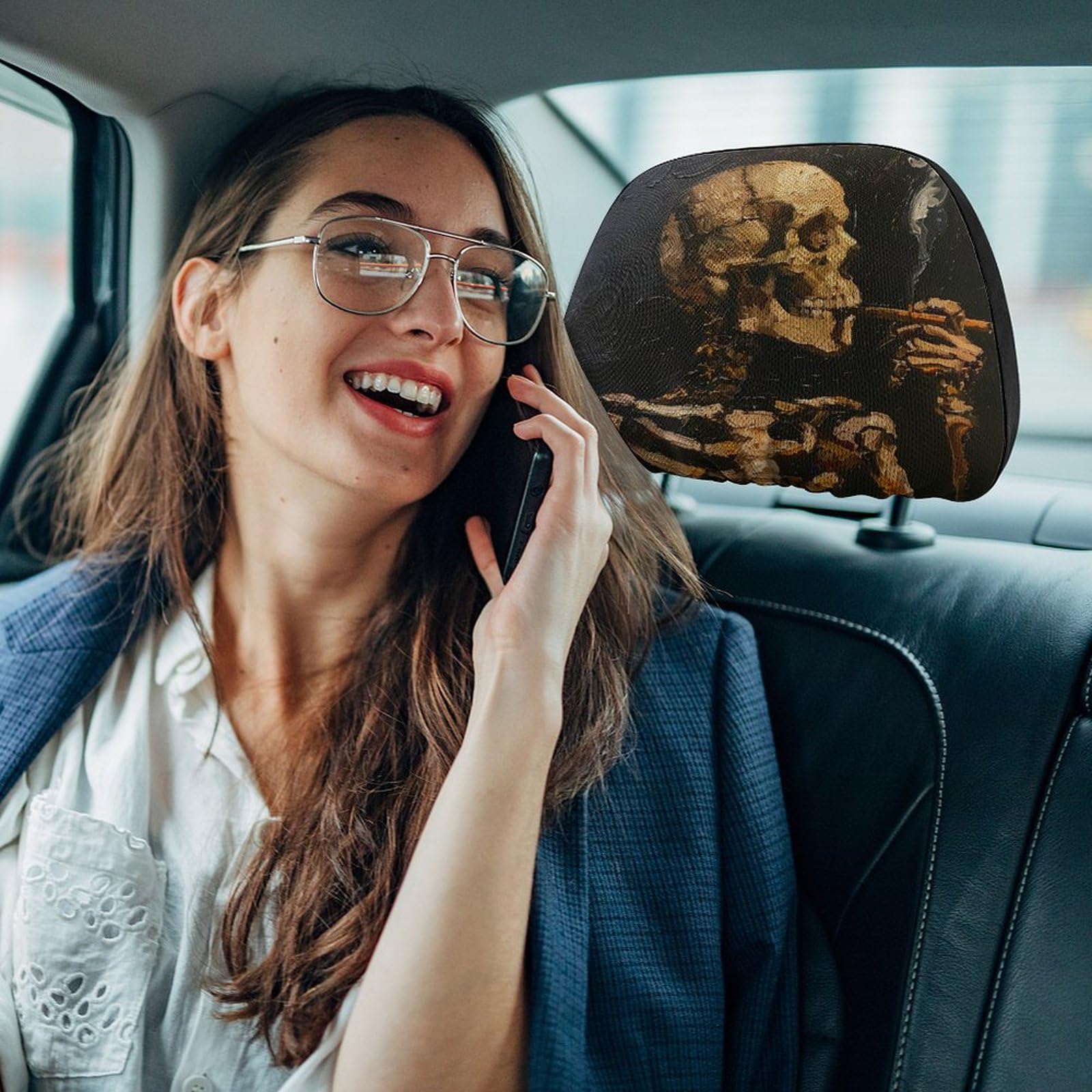 Universal Skull Skeleton Soft Car Headrest Covers - Comfortable & Stylish Interior Decor Accessories for Men and Women - Perfect for Halloween, Gothic Style, and Car Enthusiasts