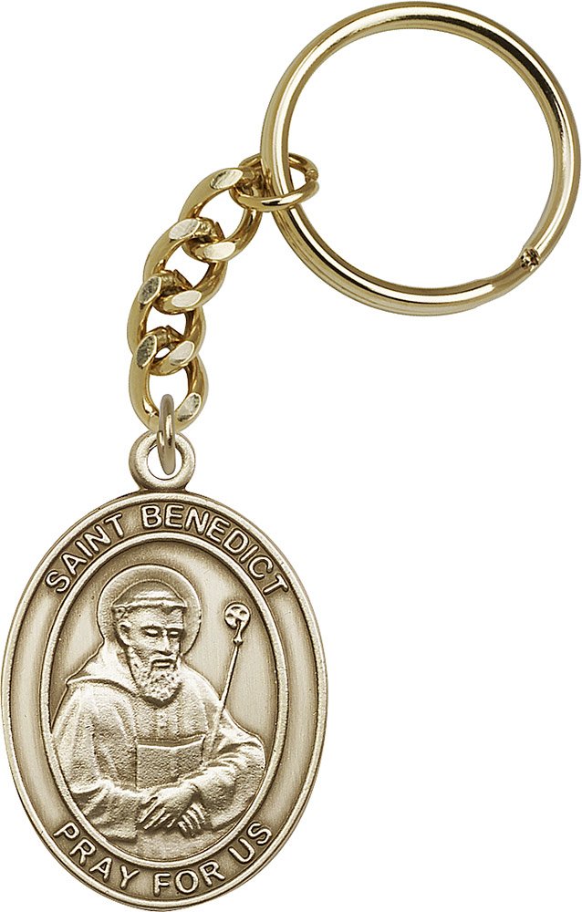 Antique Gold-Plated St. Benedict Keychain - 1 7/8 x 1 1/4 Inches - Religious Jewelry for Protection & Blessings - Perfect for Gifts, Car Keys & Everyday Carry