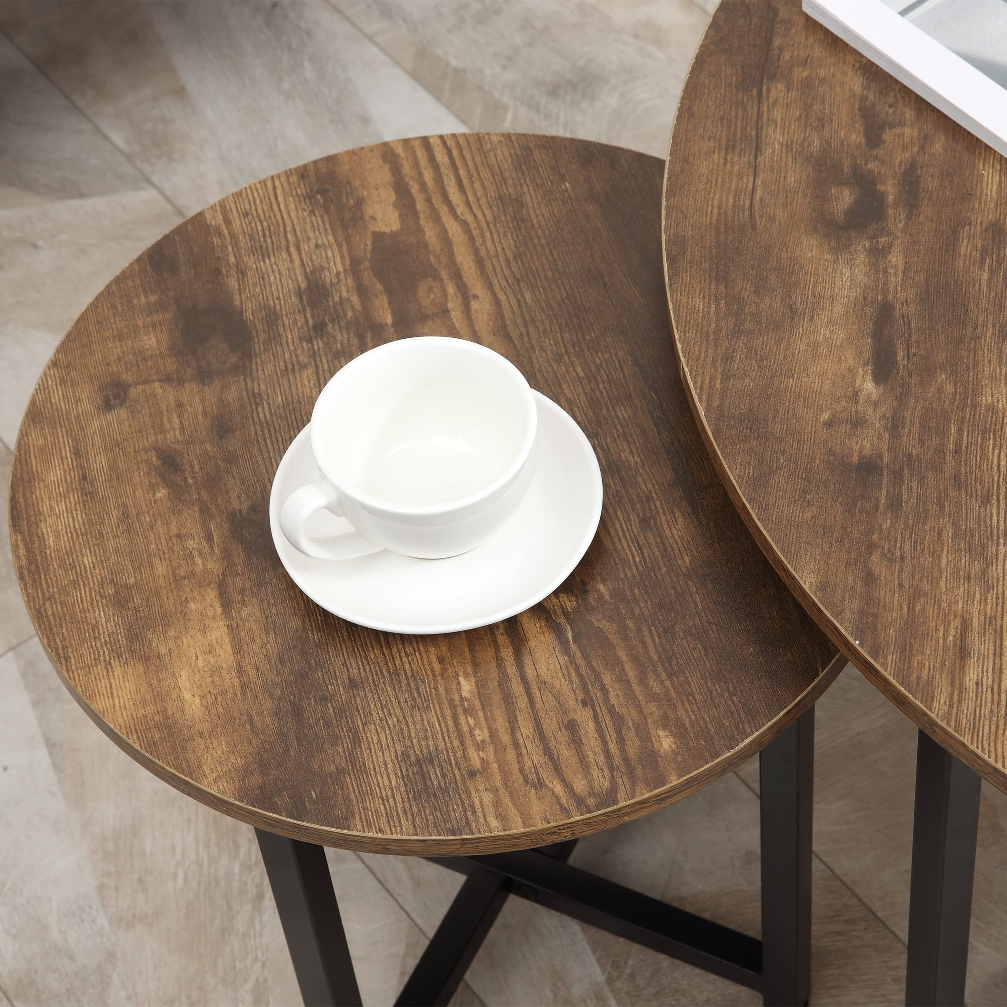 HOMCOM 2-Piece Round Coffee Table Set with Metal Frame - Industrial Style Living Room Tables, Rustic Brown Circle Coffee Tables for Home Decor & Small Space Furniture