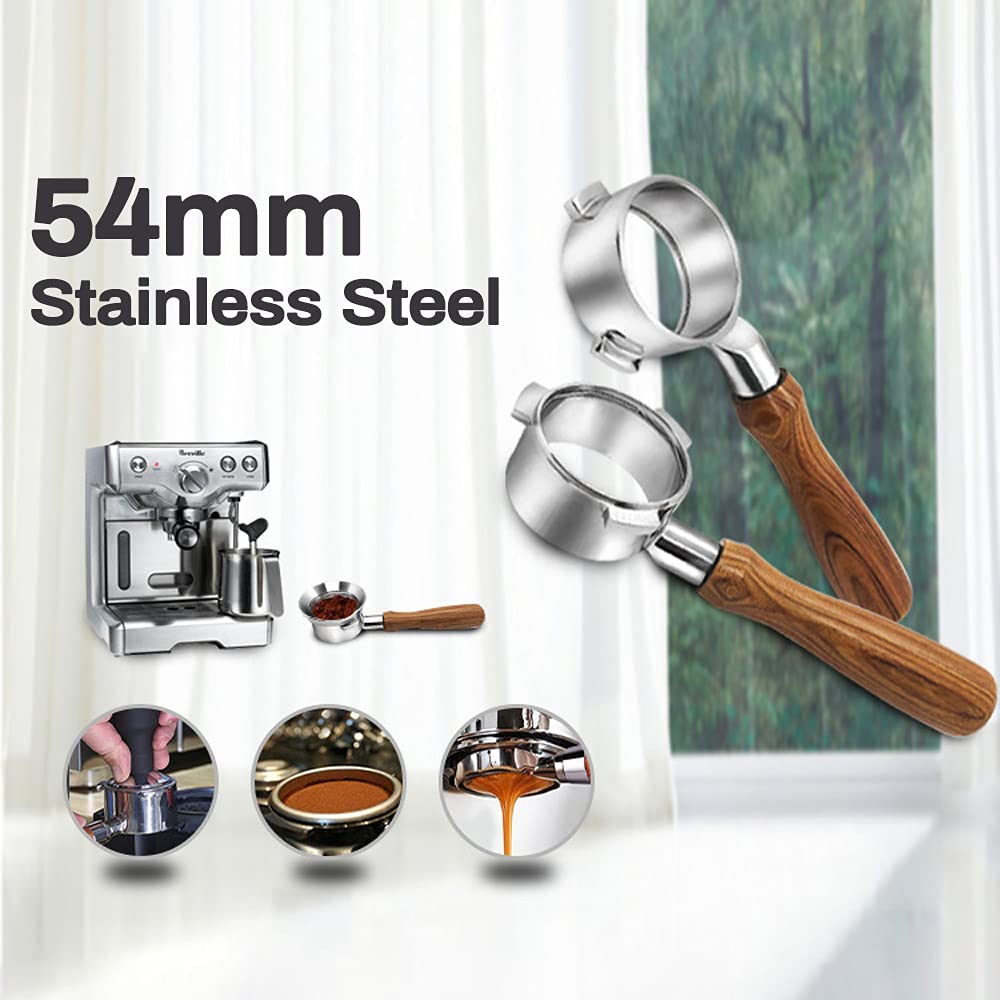 54mm Stainless Steel Portafilter with Wooden Handle - Compatible with Breville 8 Series Coffee Machines for Professional Brewing