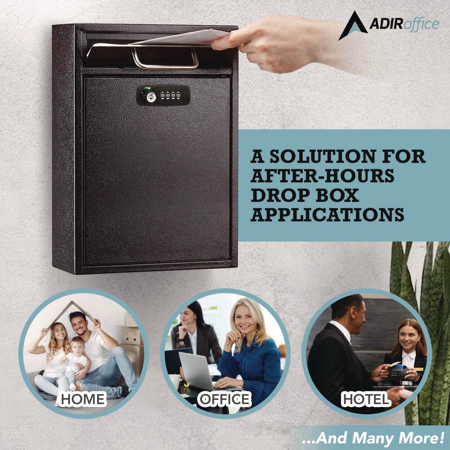 AdirOffice Large Secure Drop Box - Wall Mounted Locking Mailbox with Key & Combination Lock (11.2 x 4.7 x 16.2 Inches, Black) - Perfect for Home, Office, Apartment & Commercial Package Delivery Security