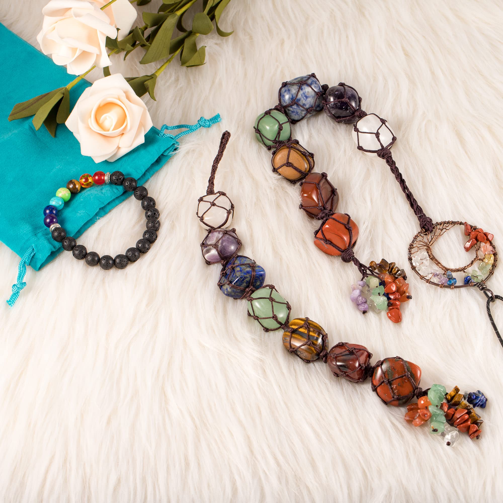 7 Chakra Crystal Car Hanging Ornament - Tree of Life Feng Shui Decor for Rearview Mirror, Home & Office (Set of 3) - Positive Energy & Stress Relief for Meditation, Yoga & Daily Commute