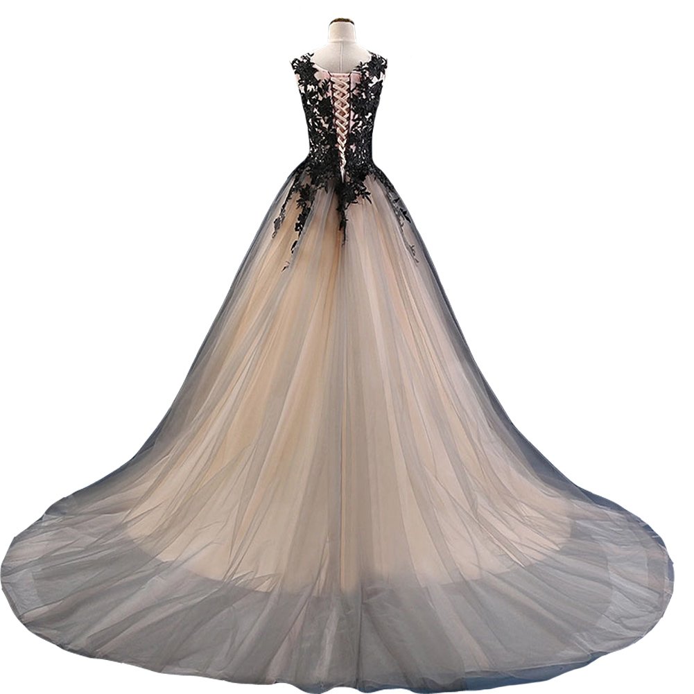Kivary Gothic Gray Tulle Long Black Lace Sheer Bateau Prom Wedding Dresses | Elegant Gothic Ball Gown for Prom, Wedding & Evening Events