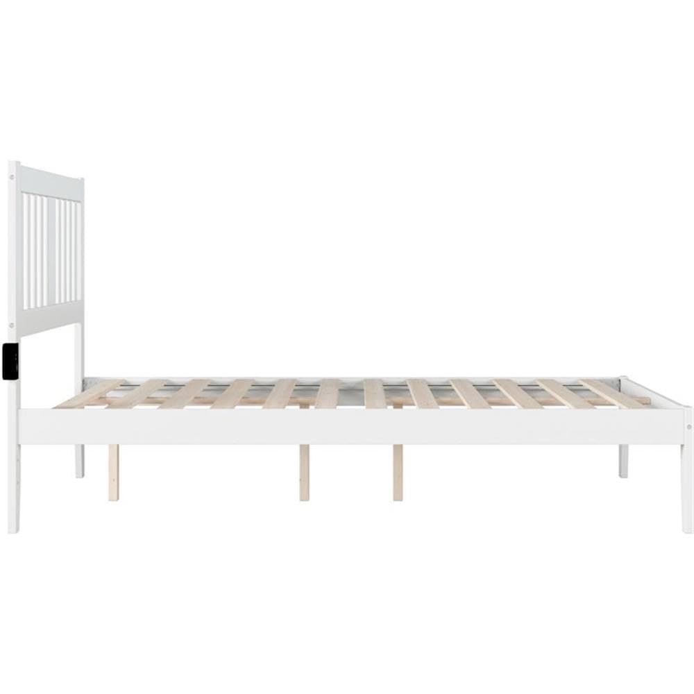 BOWERY HILL Full Size Spindle Bed Frame with USB Turbo Charging Ports - White Wooden Platform Bed for Modern Bedroom & Guest Room