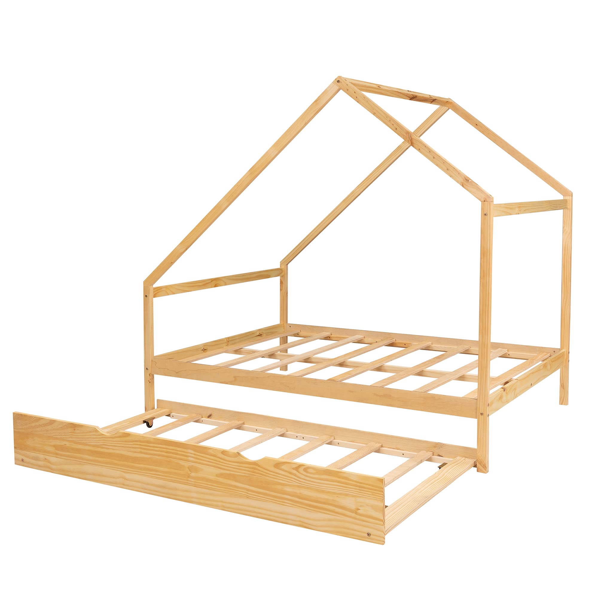 Solid Wood Full Size House Bed with Twin Trundle - Daybed & Sofa Bed Frame with Roof for Kids, Teens & Toddlers | Natural Wood Finish | Perfect for Bedrooms, Playrooms & Guest Rooms