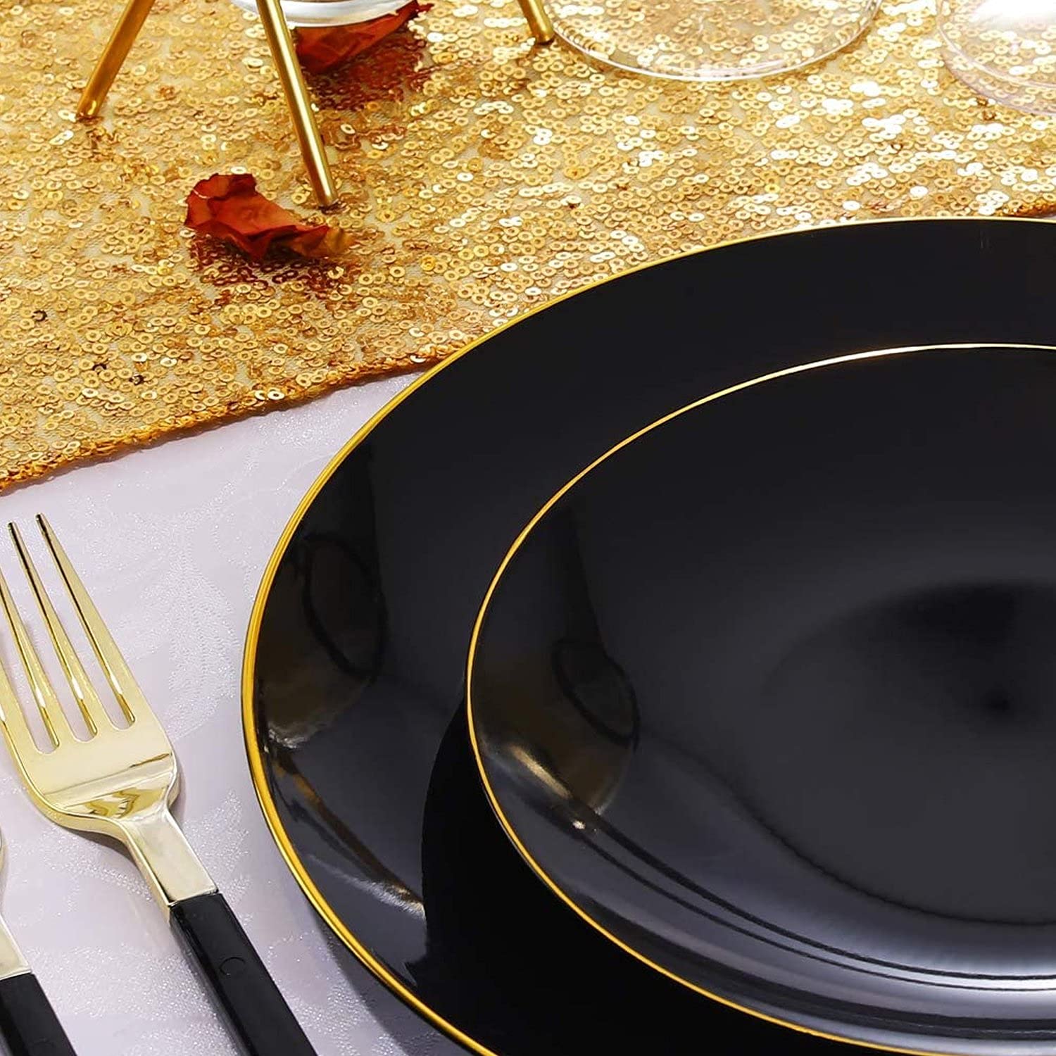 450-Piece Organic Collection Black & Gold Rim Plastic Dinnerware Set - 10