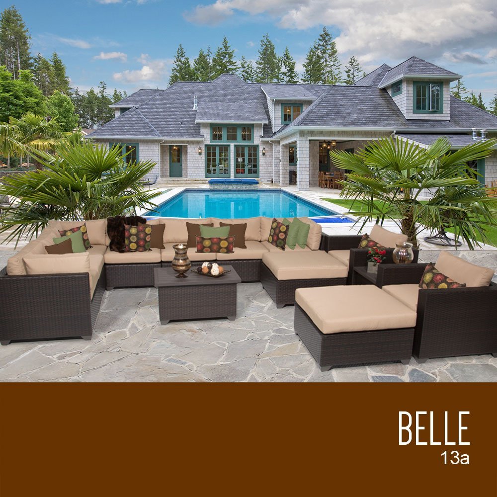 TK Classics 13-Piece Belle Outdoor Wicker Patio Furniture Set in Wheat - Perfect for Garden, Poolside, and Backyard Relaxation