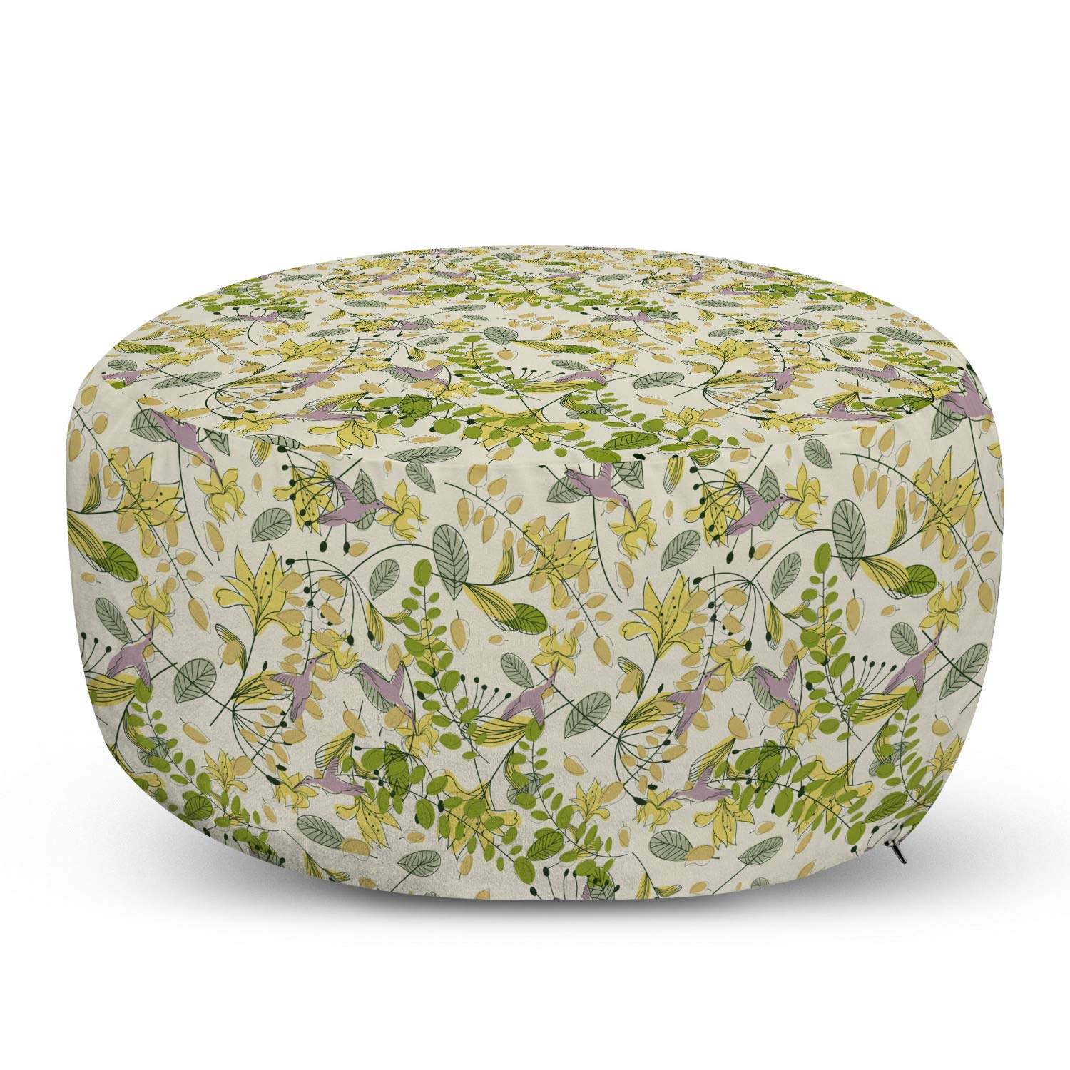 Ambesonne Abstract Ottoman Pouf with Hand-Drawn Flying Birds, Leaves & Floral Design - Decorative Foot Rest with Removable Cover for Living Room & Bedroom - Perfect for Home Decor, Lounge Seating & Cozy Reading Nook - Multicolor