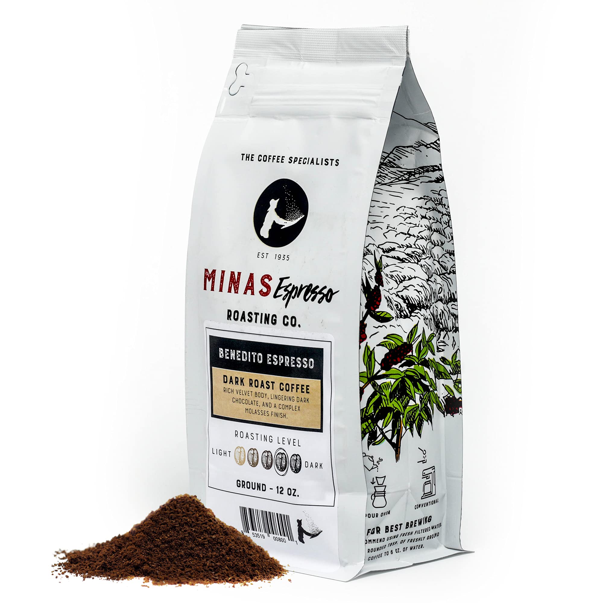 Benedito Espresso Dark Roast Ground Coffee - Single Origin Brazilian Coffee - Direct Trade - Family-Owned Farm to Cup - 12oz Bag - Perfect for Home Brewing, Office & Gifts