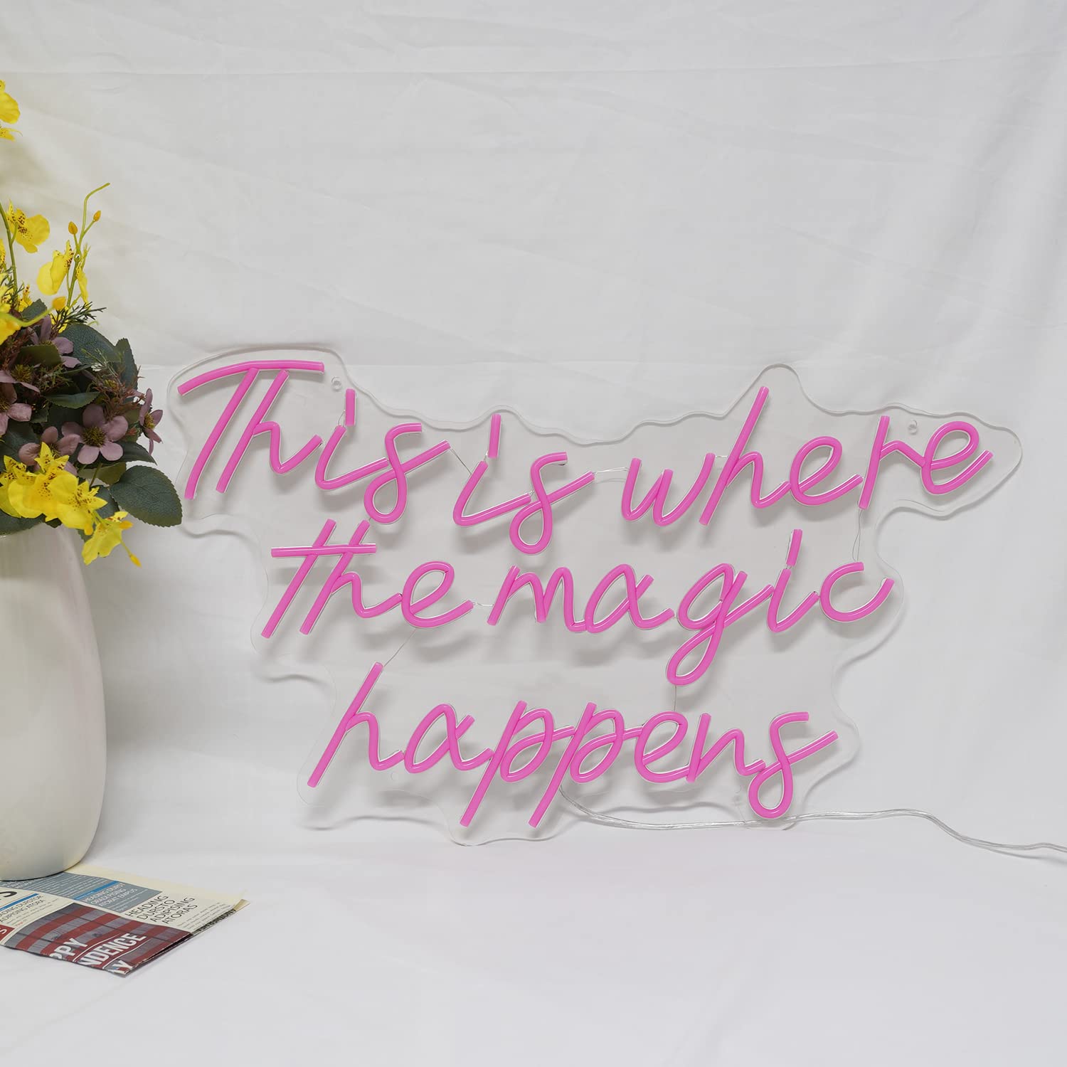 Pink LED Neon Sign - 'This is Where the Magic Happens' Wall Art (23.6