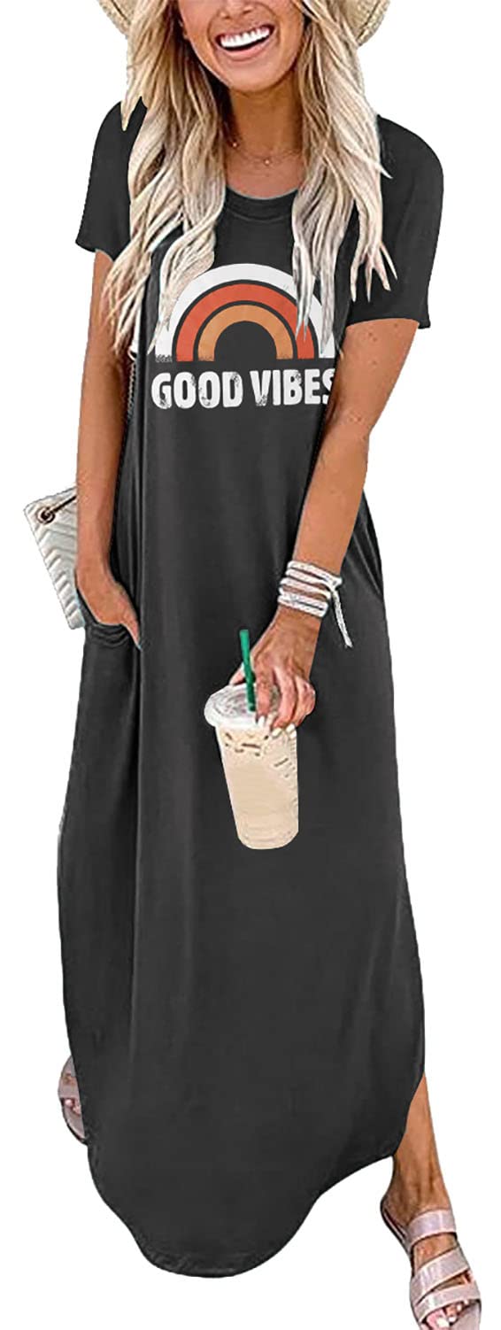 Good Vibes Rainbow Graphic Women's Sleeveless Maxi Dress with Pockets - Hawaiian Beach Tank Dress for Summer Vacations & Tropical Getaways