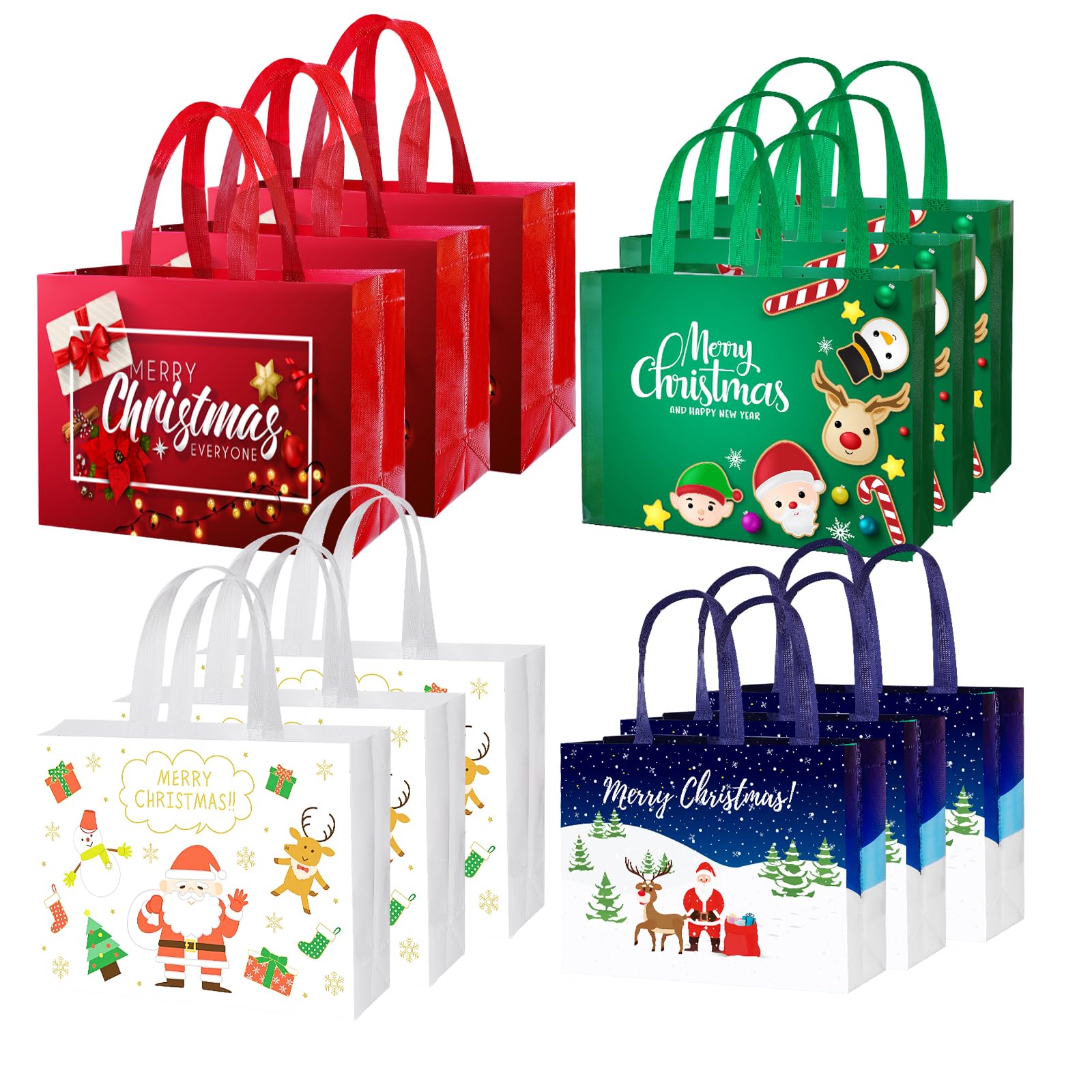 12-Pack Large Christmas Gift Bags - Reusable Holiday Tote Bags Non-Woven Fabric, Xmas Shopping Bags with Sturdy Handles for Gift Wrapping, Party Favors & Treats (12.6