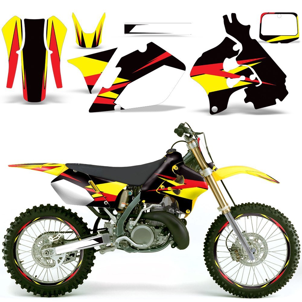 Premium MX Dirt Bike Graphics Kit - Full Sticker Decal Set with Rim Trim & Number Plates for Suzuki RM 125 (1996-1998) | Yellow Red Black Design | Off-Road Racing & Motocross Customization