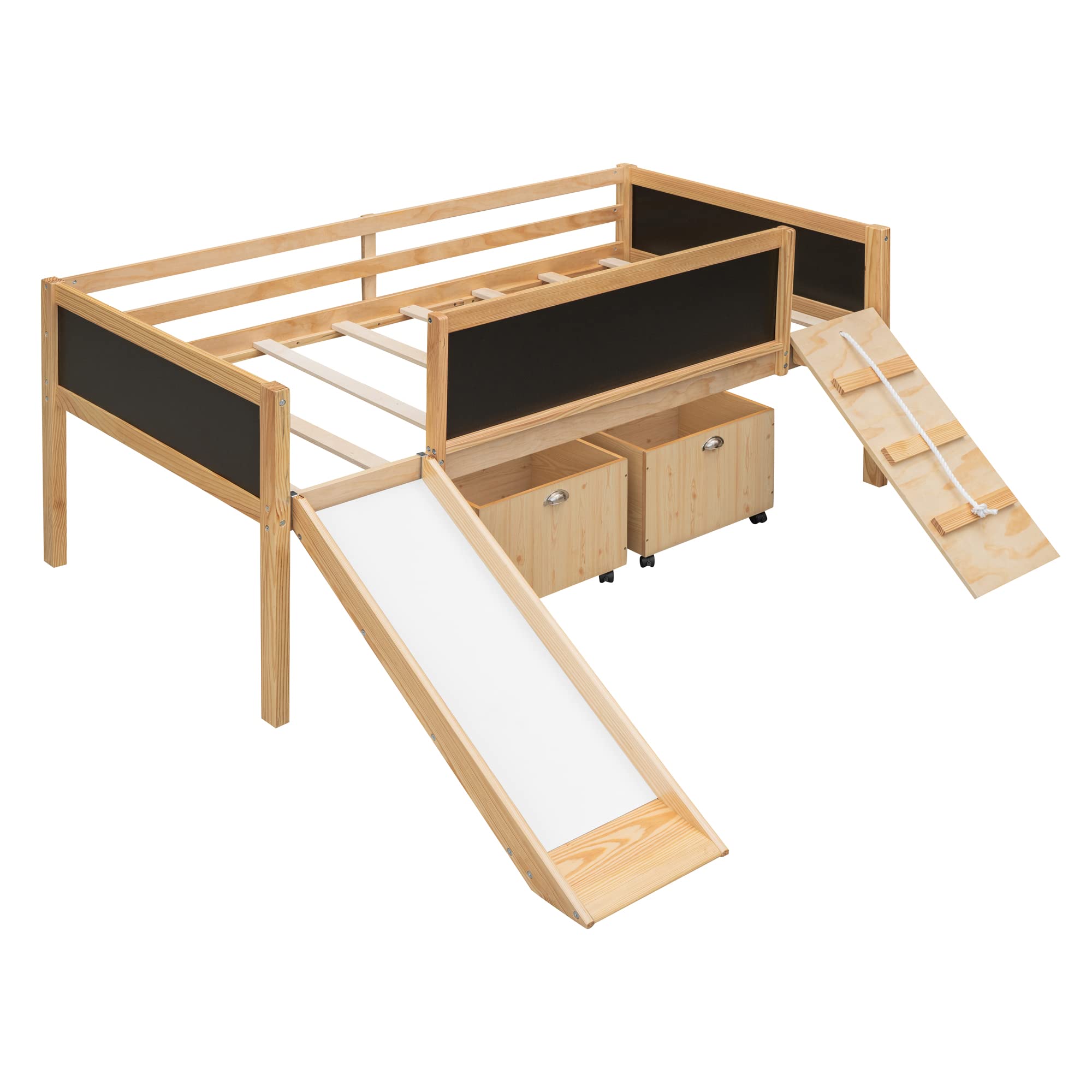 **Modern Twin Loft Bed for Kids with Slide, Storage Boxes, Climbing Ladder & Chalkboard - Multifunctional Low Loft Bed Frame for Boys & Girls - Perfect for Small Bedrooms, Playrooms & Kids' Spaces**