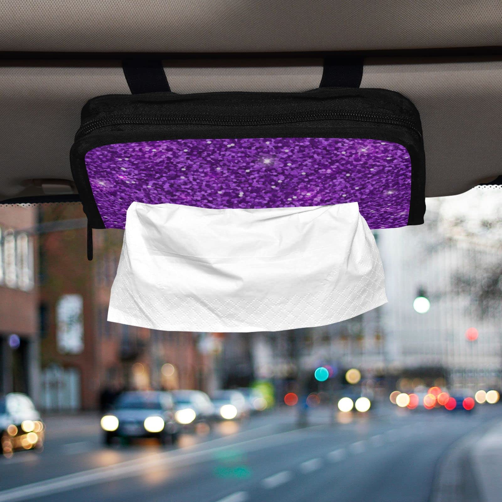Shining Car Sun Visor Hanging Tissue Holder - Universal Auto Accessory with Purple Glitter Texture | Car Visor Napkin Dispenser for Road Trips, Commuting & Family Travel