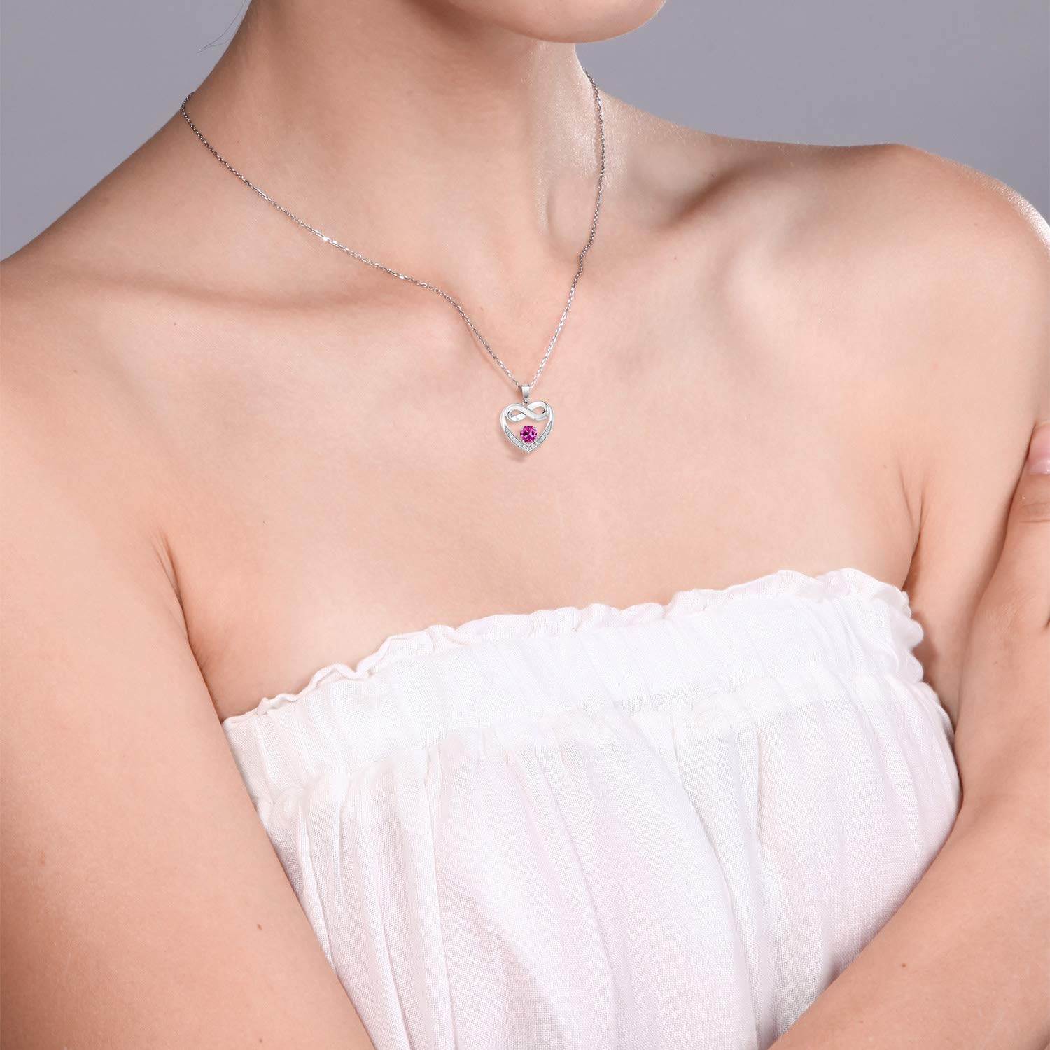10K White Gold 5MM Gemstone Birthstone & Lab-Grown Diamond Infinity Heart Pendant Necklace for Women | 18