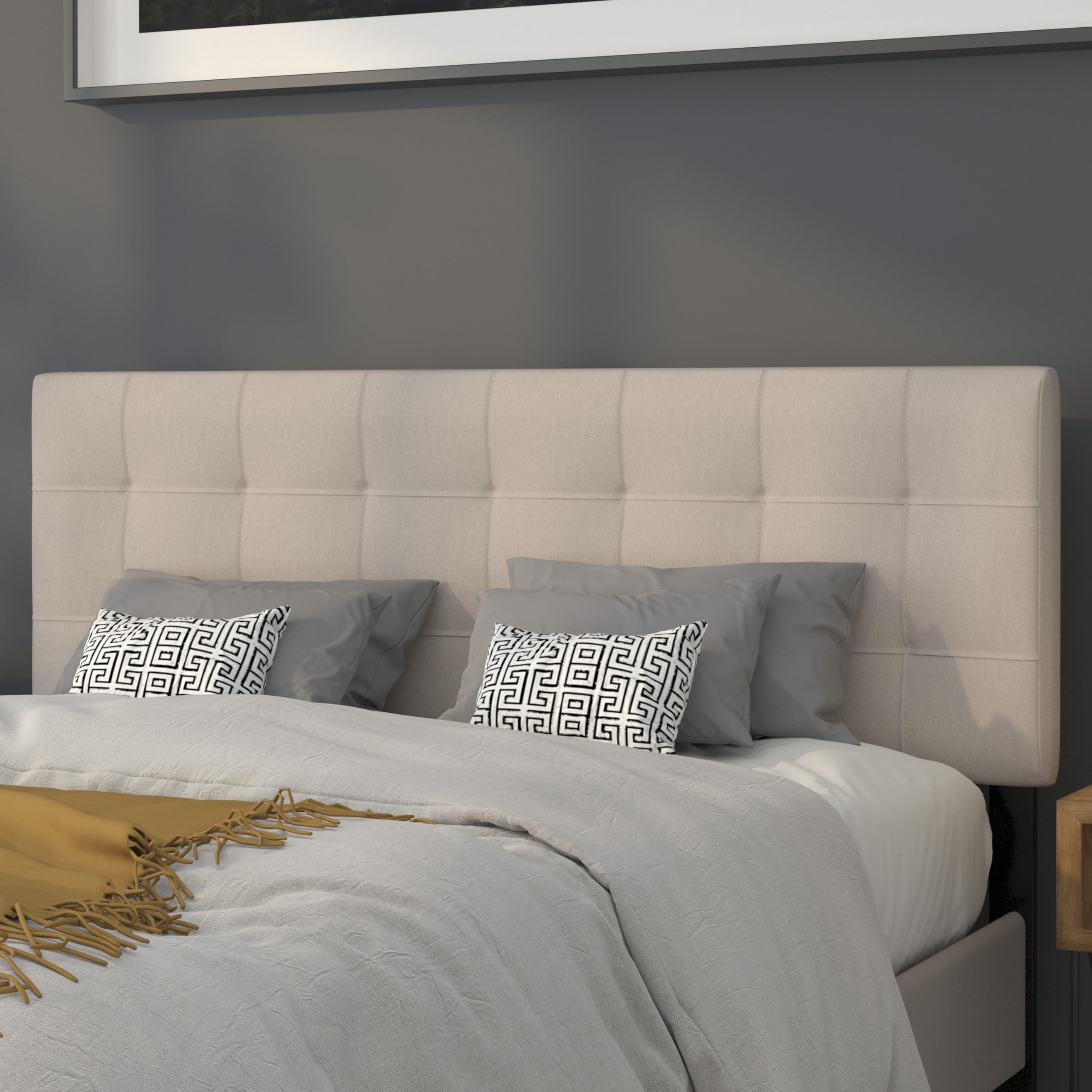 Quilted Tufted Upholstered Queen Size Headboard - Beige Fabric Bed Frame for Master Bedroom, Guest Room & Home Decor