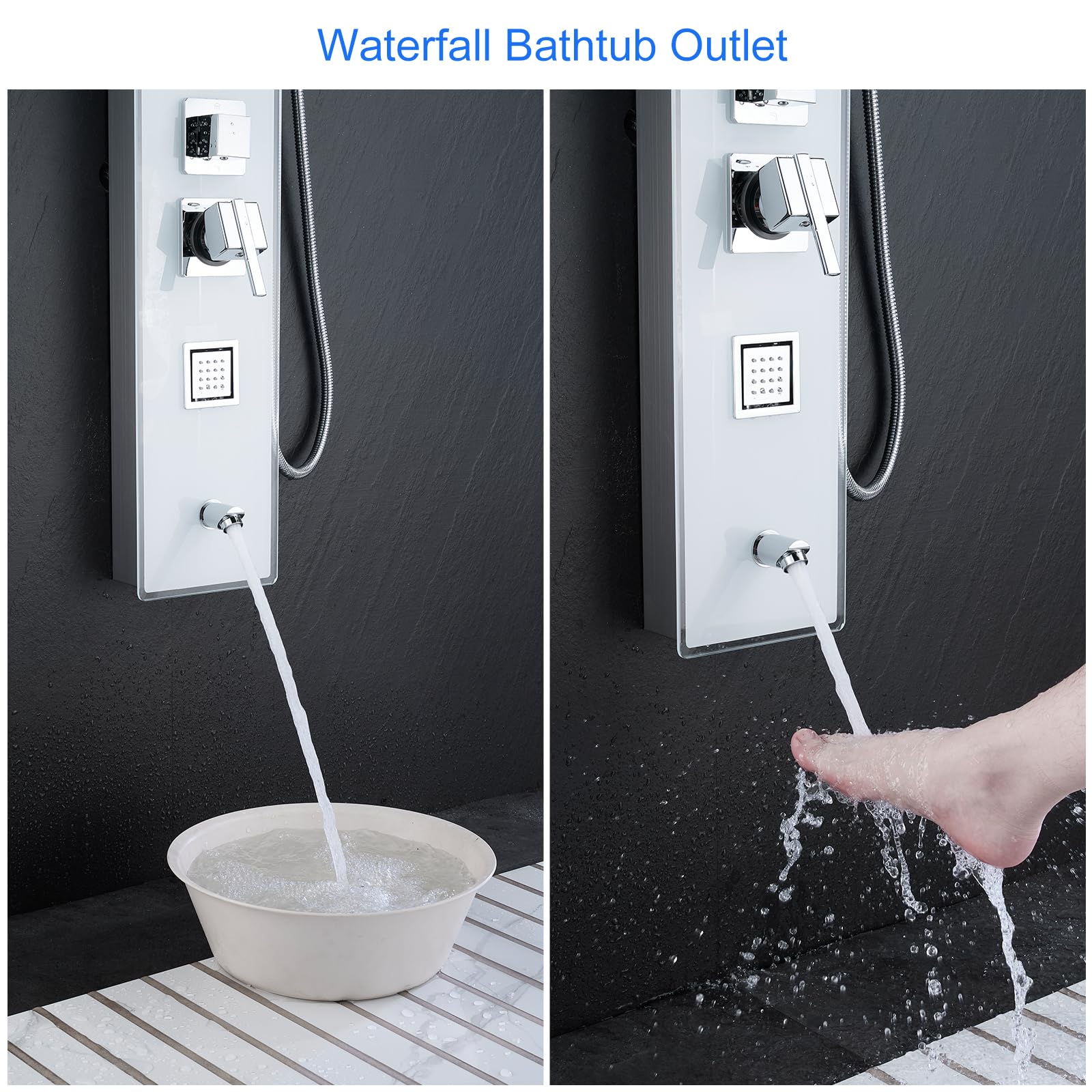 Premium White Tempered Glass Shower Panel Tower System - 304 Stainless Steel Wall Mounted Shower Column with 8