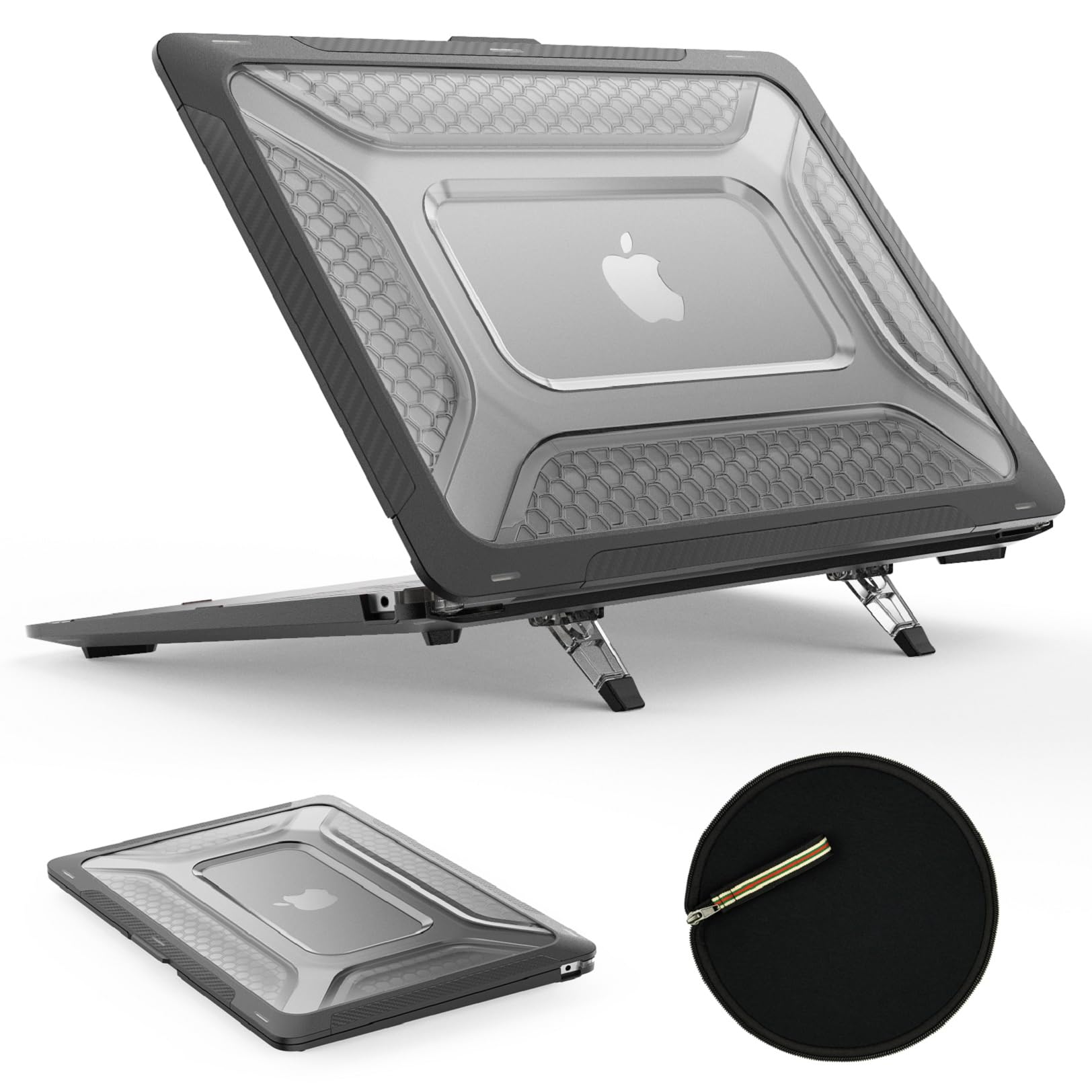 SEYMAC Protective Case for MacBook Air 15 inch (2023-2025 Models A3241/A3114/A2941 M2-M4 Chip) - Shockproof Cover with Built-in Stand & Mouse Pad | Perfect for Work, Travel & School (Black)
