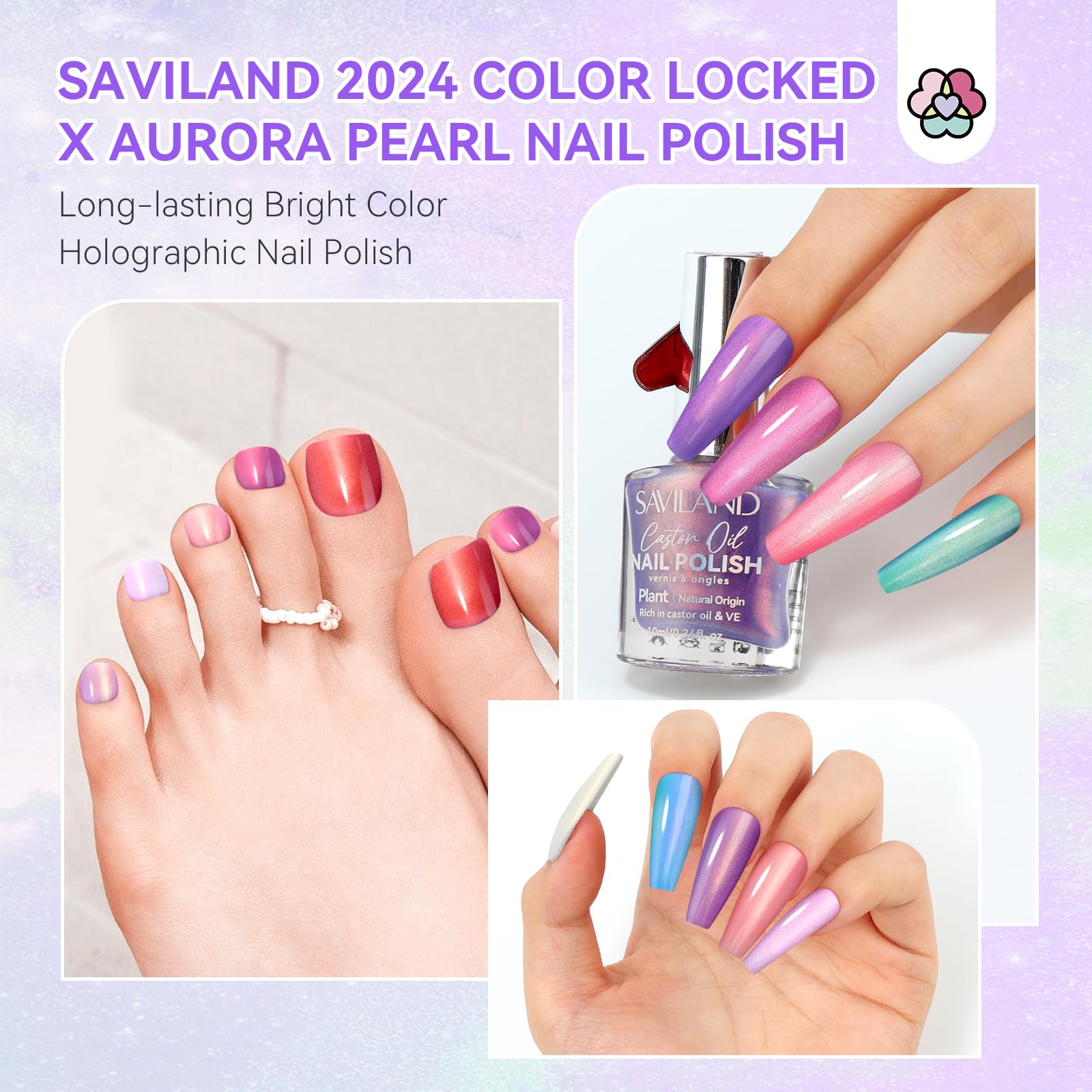 SAVILAND Aurora Nail Polish Set - 12 Colors Shimmer & Holographic Nail Polish (Glossy, Pearl, Duochrome), Quick-Dry Non-Gel Polish with Base & Top Coat, Salon & DIY Manicure Kit for Nail Art, Pedicures, Home & Professional Use