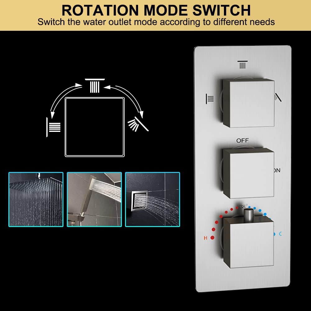 KATAIS 12 Inch LED Rainfall Shower System - Brushed Nickel Wall Mount Thermostatic Shower Faucet Combo Set for Modern Bathroom | Perfect for Spa-Like Experience & Water Conservation
