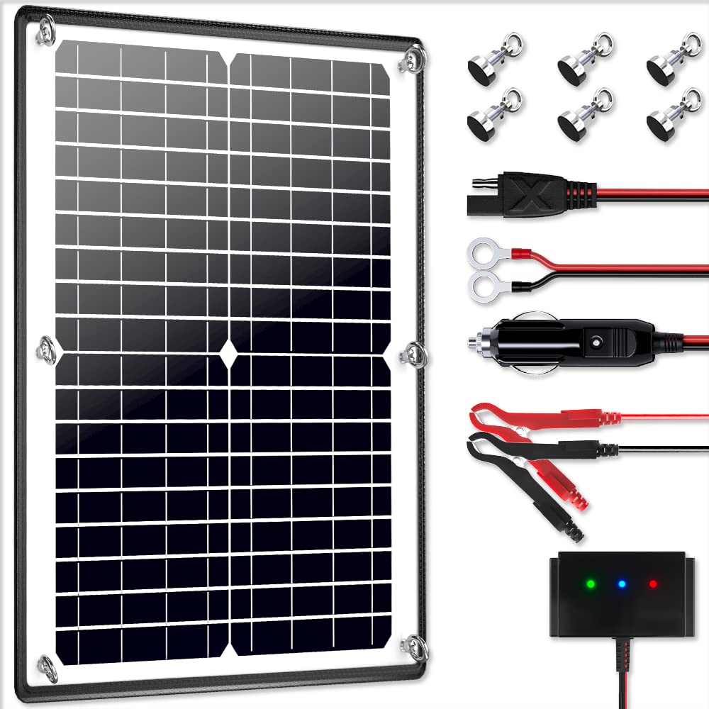 POWOXI 20W 12V Solar Panel Kit with Magnetic Mount, Waterproof Charge Controller & Alligator Clips - Solar Battery Charger & Maintainer for Car, Boat, RV, Motorcycle, Marine - Perfect for Off-Grid Power & Vehicle Maintenance