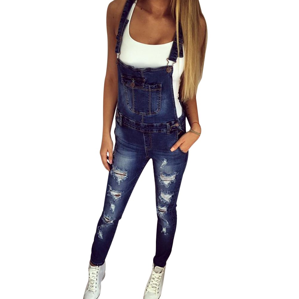 Women's Distressed Denim Overalls with Adjustable Straps - Vintage Ripped Bib Jumpsuit for Casual Wear, Street Style & Outdoor Activities