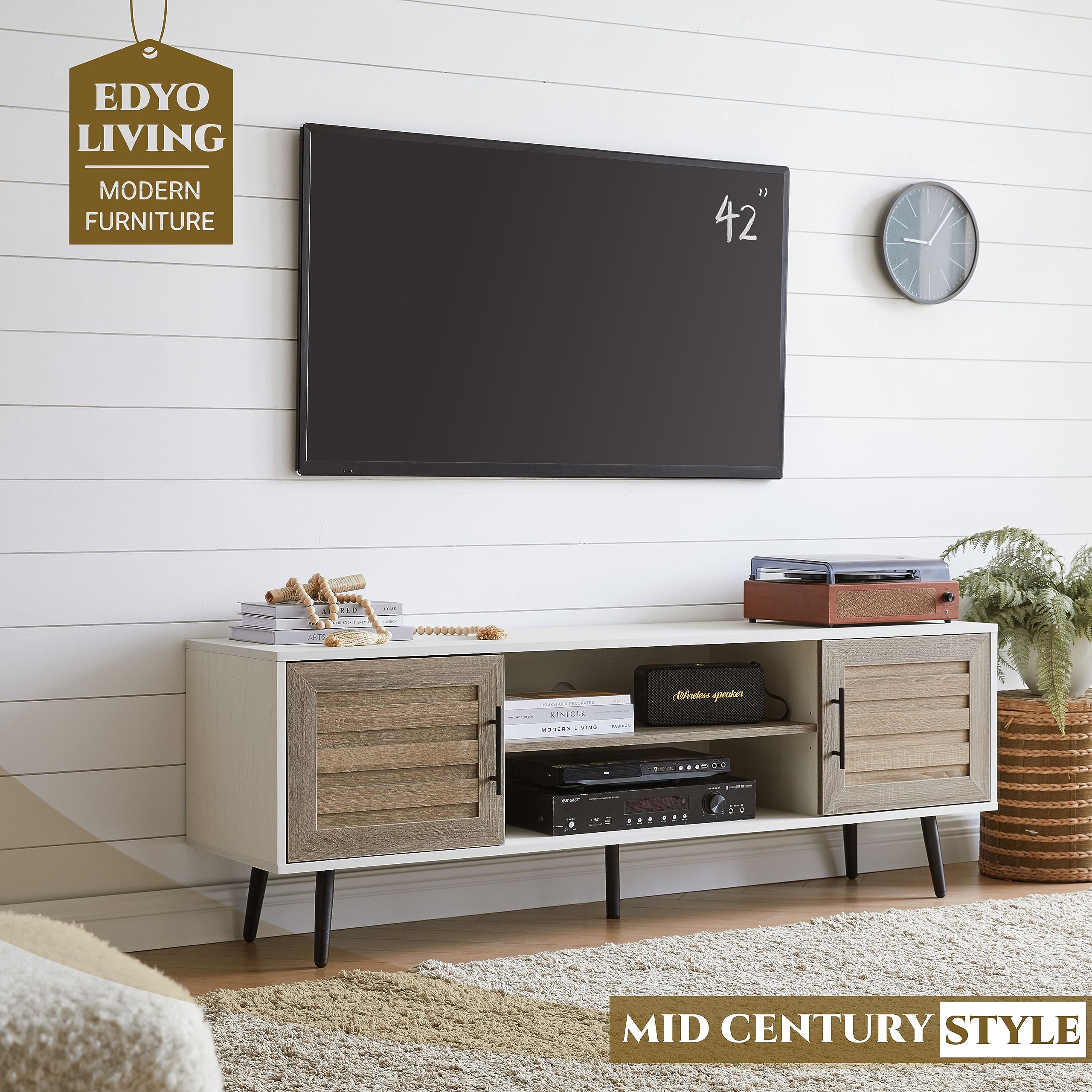 Mid Century Modern TV Stand for 65 Inch TVs - Wood Entertainment Center with Storage Cabinet & Open Shelves - White Walnut TV Console Table for Living Room, Bedroom & Home Theater