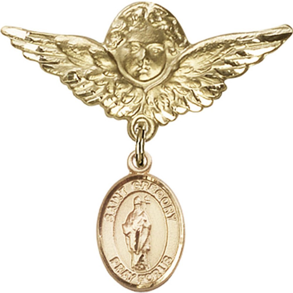 St. Gregory The Great Gold Filled Baby Badge with Angel Wing Charm - 1 1/8 X 1 1/8 Inch Religious Pin - Perfect for Christening Gifts & Baby Blessings