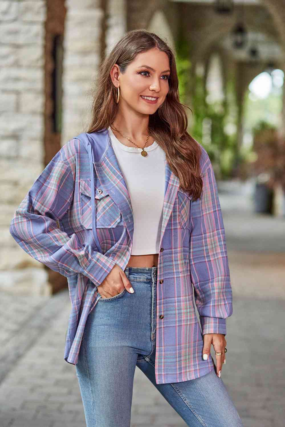 Stylish Plaid Long Sleeve Hooded Jacket for Men & Women - Cozy Fall & Winter Outerwear for Outdoor Activities
