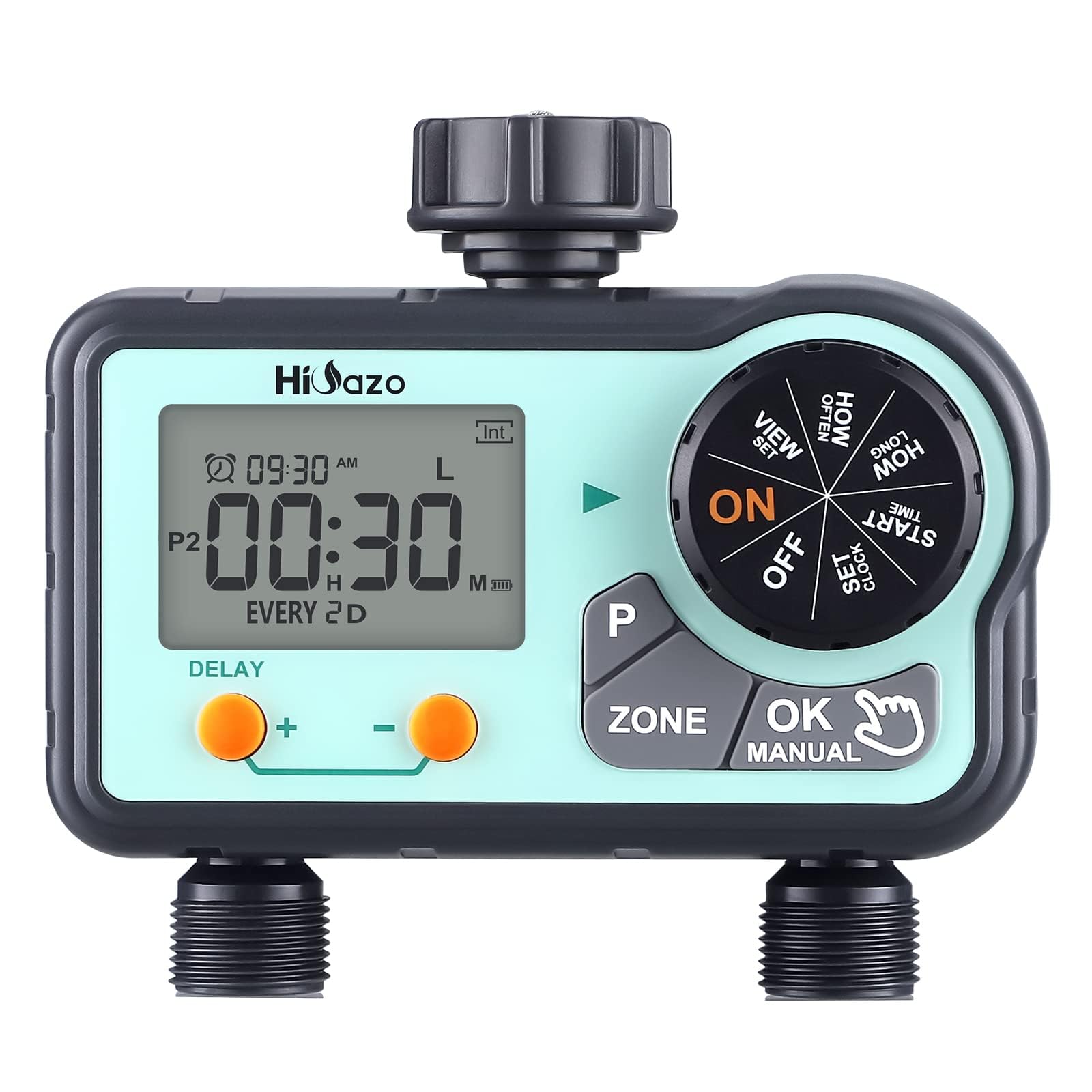 HiOazo Smart Sprinkler Timer - 6 Programmable Water Hose Timer for Garden, Lawn & Pool Irrigation | Auto/Manual/Rain Delay Modes | Daily/Weekly/Custom Scheduling | 2-Zone Outdoor Watering System for Yard & Landscape Care