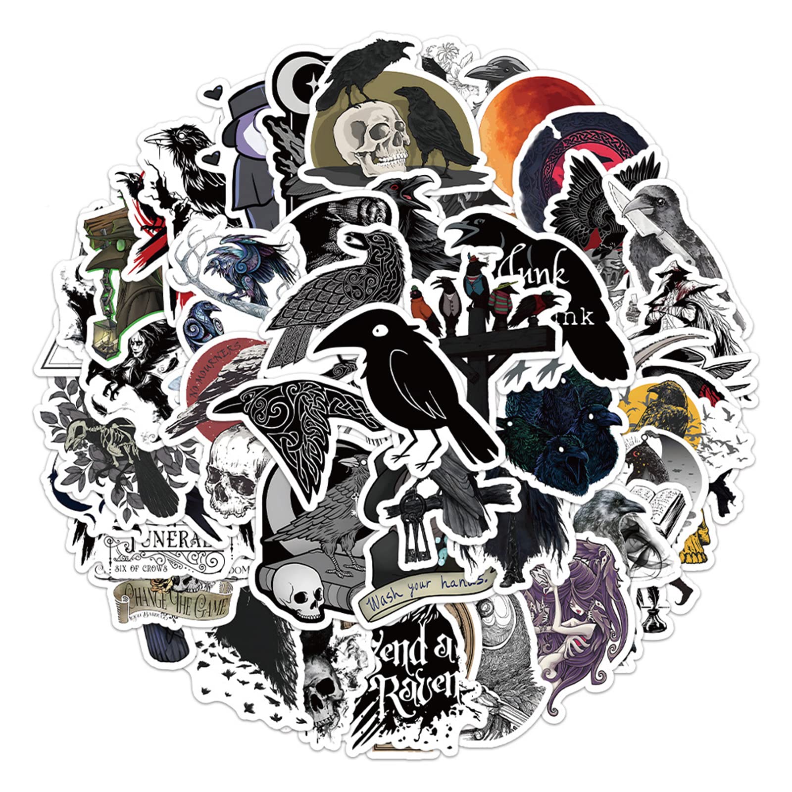 50pcs Crow Stickers Decals - Gothic Raven Bird Vinyl Decals for Scrapbooking, Water Bottles, Laptops, Phones, Notebooks, Cars, Luggage, Journals, Skateboards & Helmets - Waterproof Durable Graffiti Art Decals for DIY Crafts & Urban Decor
